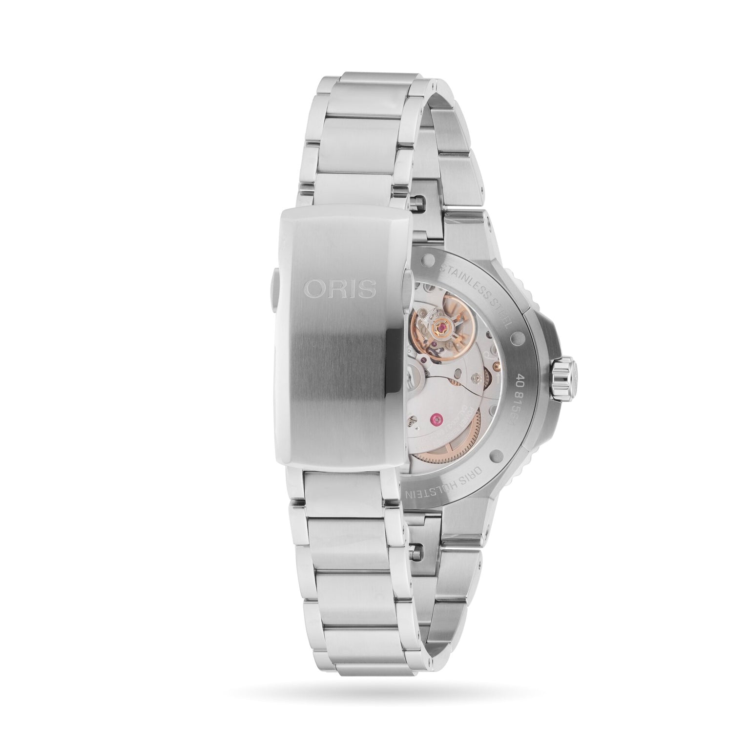 The Oris Aquis Date Calibre 400 stainless steel watch showcases its automatic movement through a transparent case back and features an engraved clasp—a superb example of Oris craftsmanship.