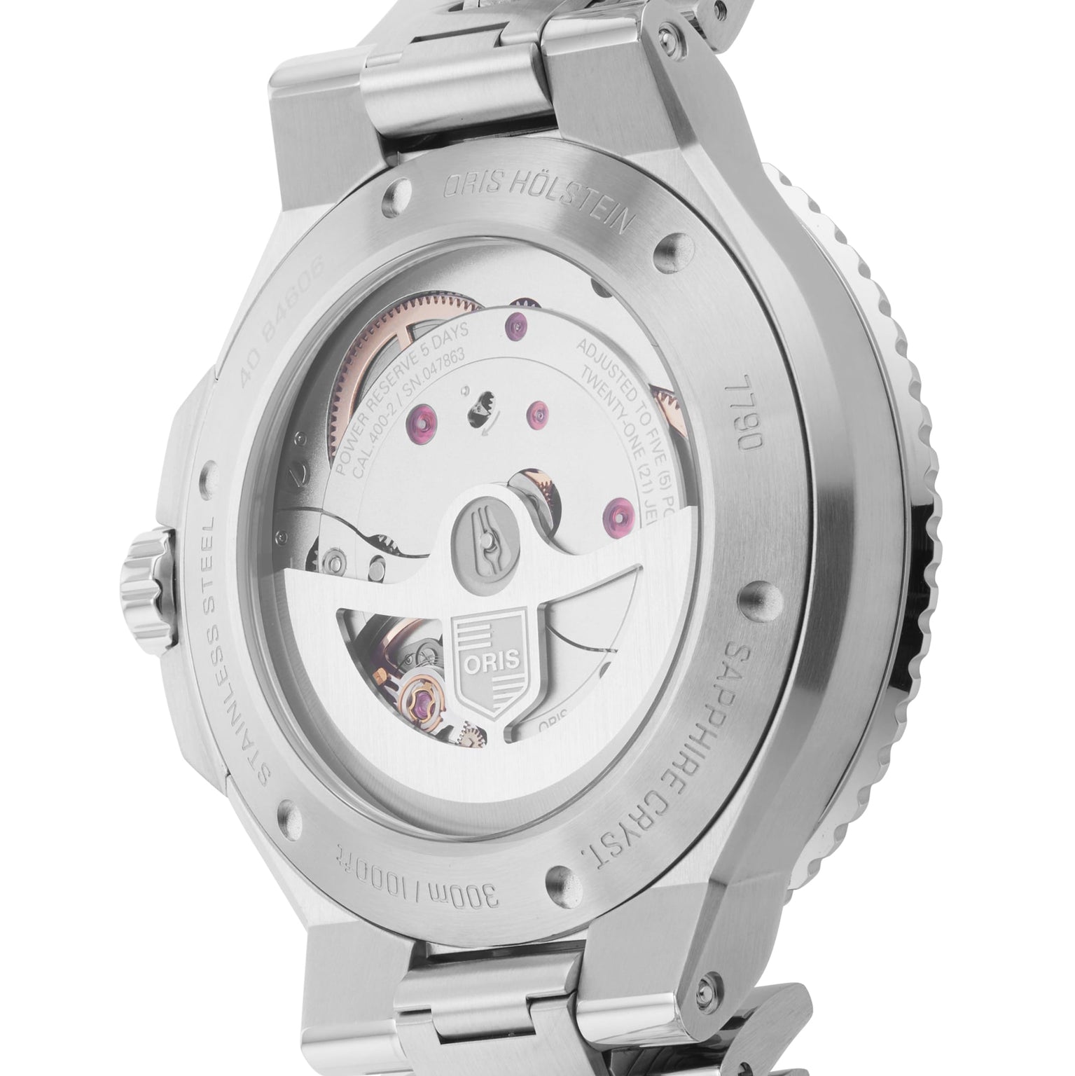 Close-up of the back of the Oris Aquis Date Calibre 400, highlighting its stainless steel case, mechanical movement, and engraved details—a refined option among diving watches.