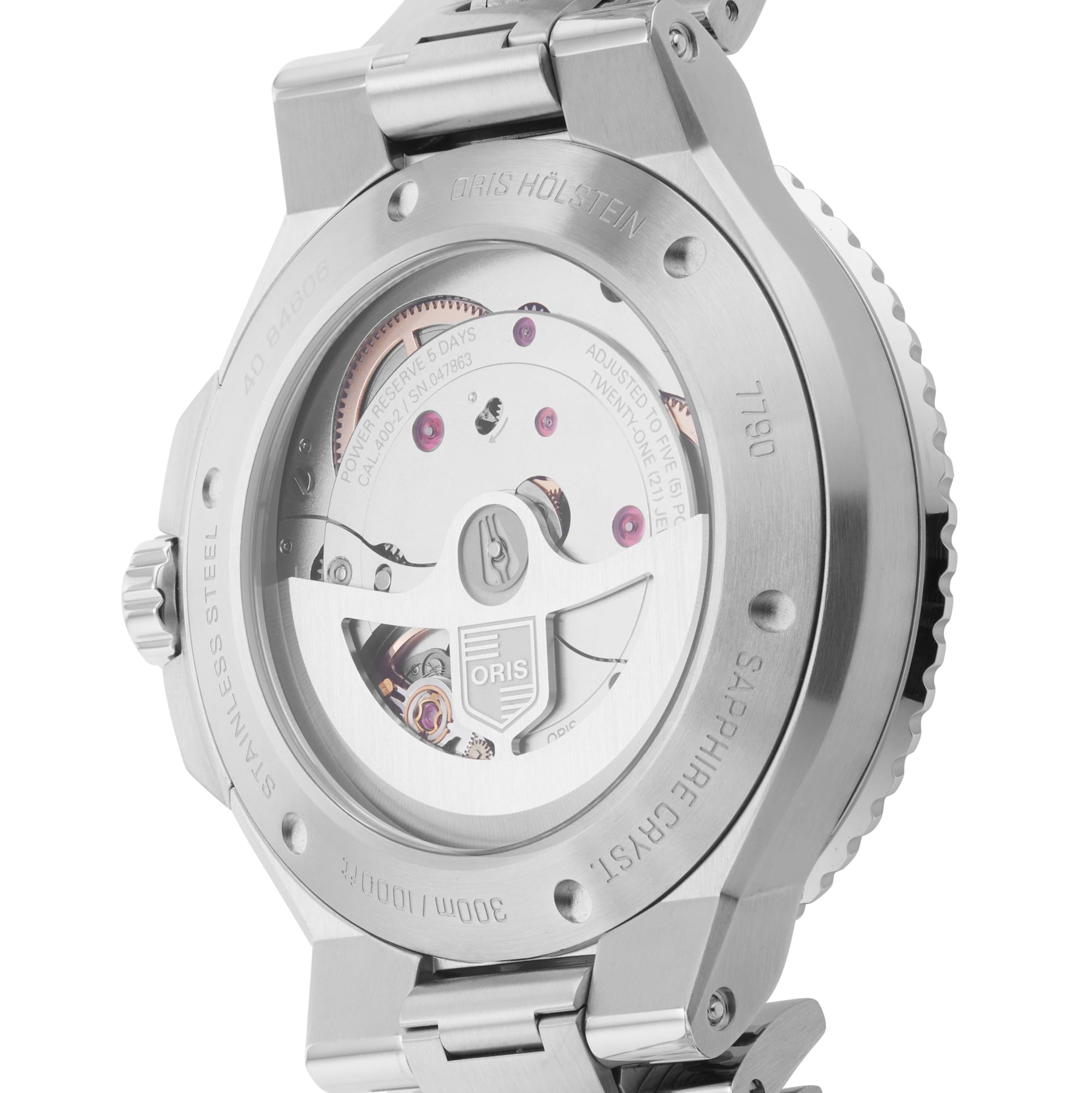 Close-up of the back of the Oris Aquis Date Calibre 400, highlighting its stainless steel case, mechanical movement, and engraved details—a refined option among diving watches.