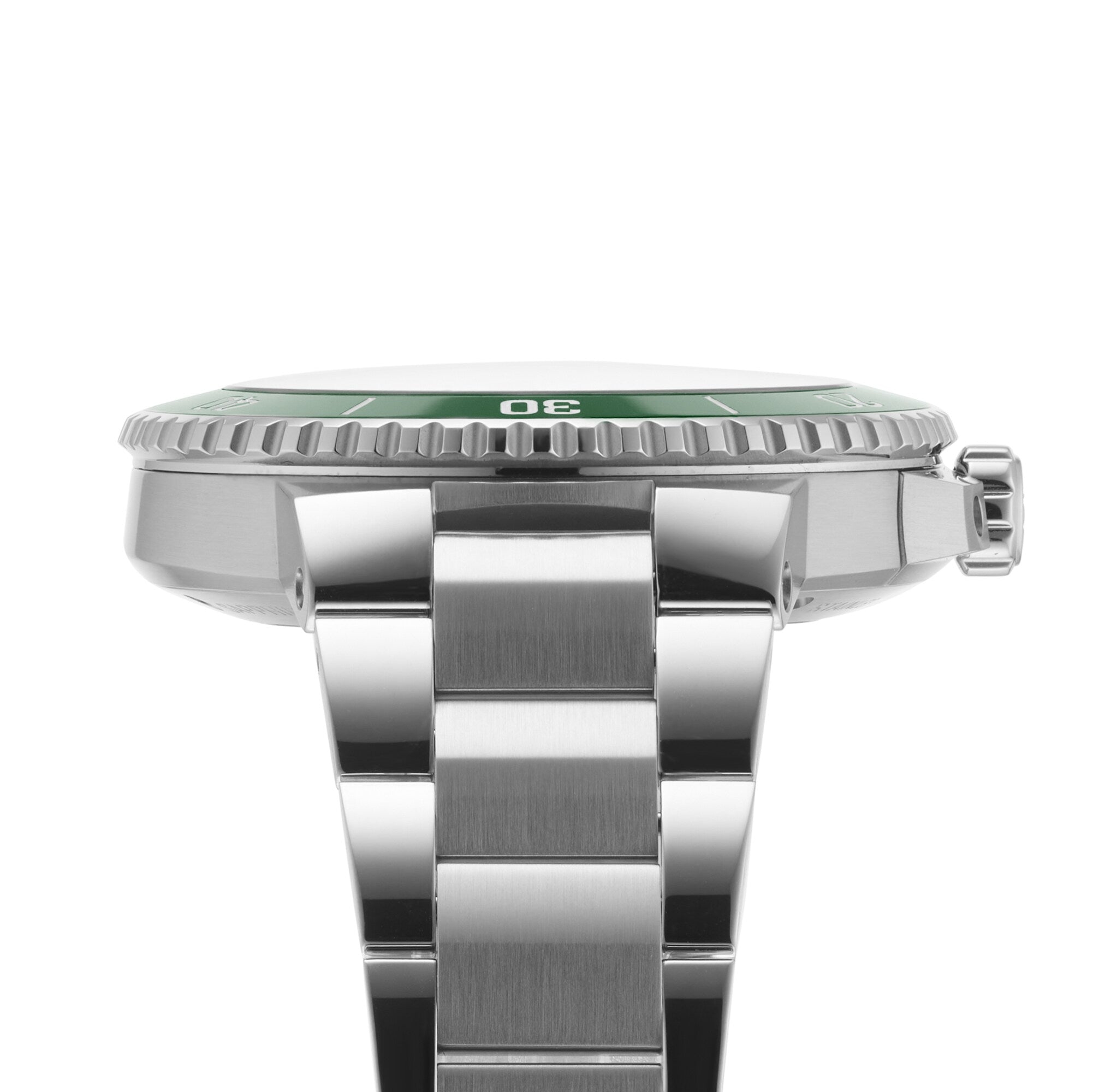 Side view of the Oris Aquis Date Calibre 400, a standout diving watch featuring a green bezel, stainless steel case, visible crown, and part of its metal bracelet.