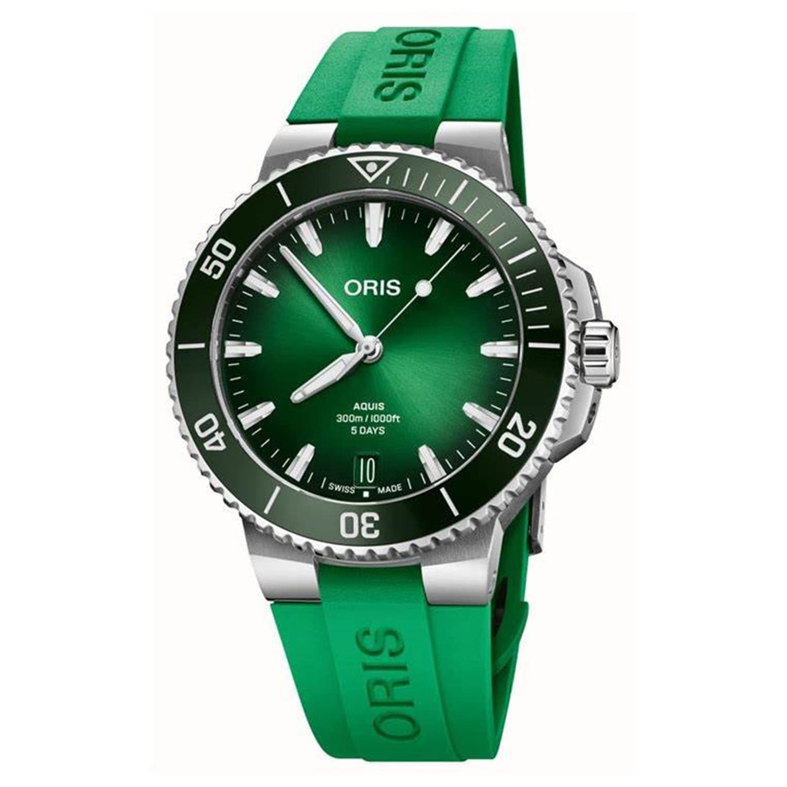 The Oris Aquis Date Calibre 400 features a green dial, silver bezel and markers, plus a matching green rubber strap.