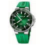 The Oris Aquis Date Calibre 400 features a green dial, silver bezel and markers, plus a matching green rubber strap.