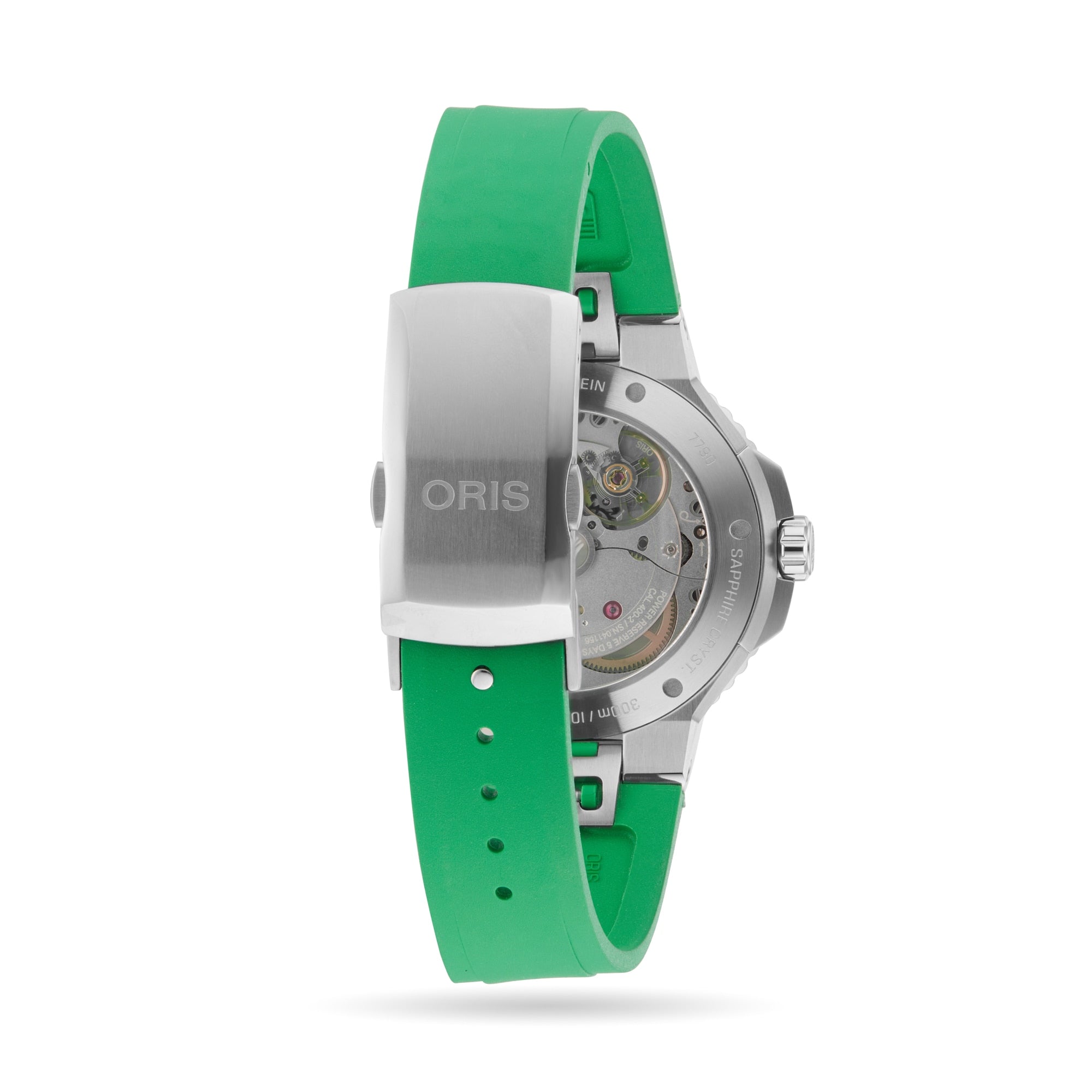 Back view of the Oris Aquis Date Calibre 400 dive watch with a green rubber strap, stainless steel clasp bearing the ORIS name, and its mechanical movement visible through a transparent case back.