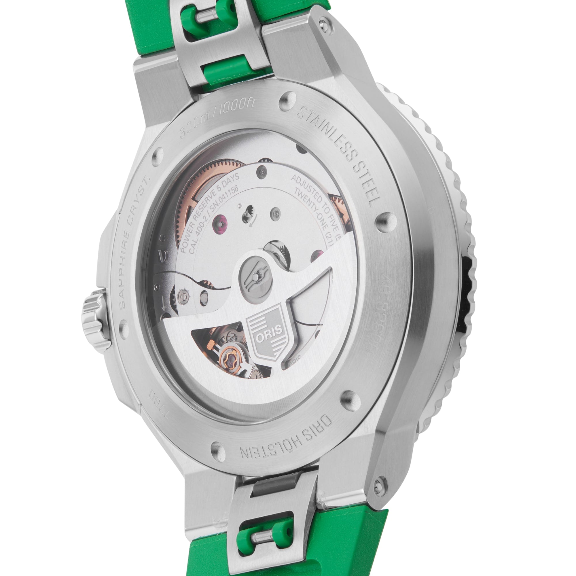 Close-up of the back of an Oris Aquis Date Calibre 400 with a visible mechanical movement and green strap.