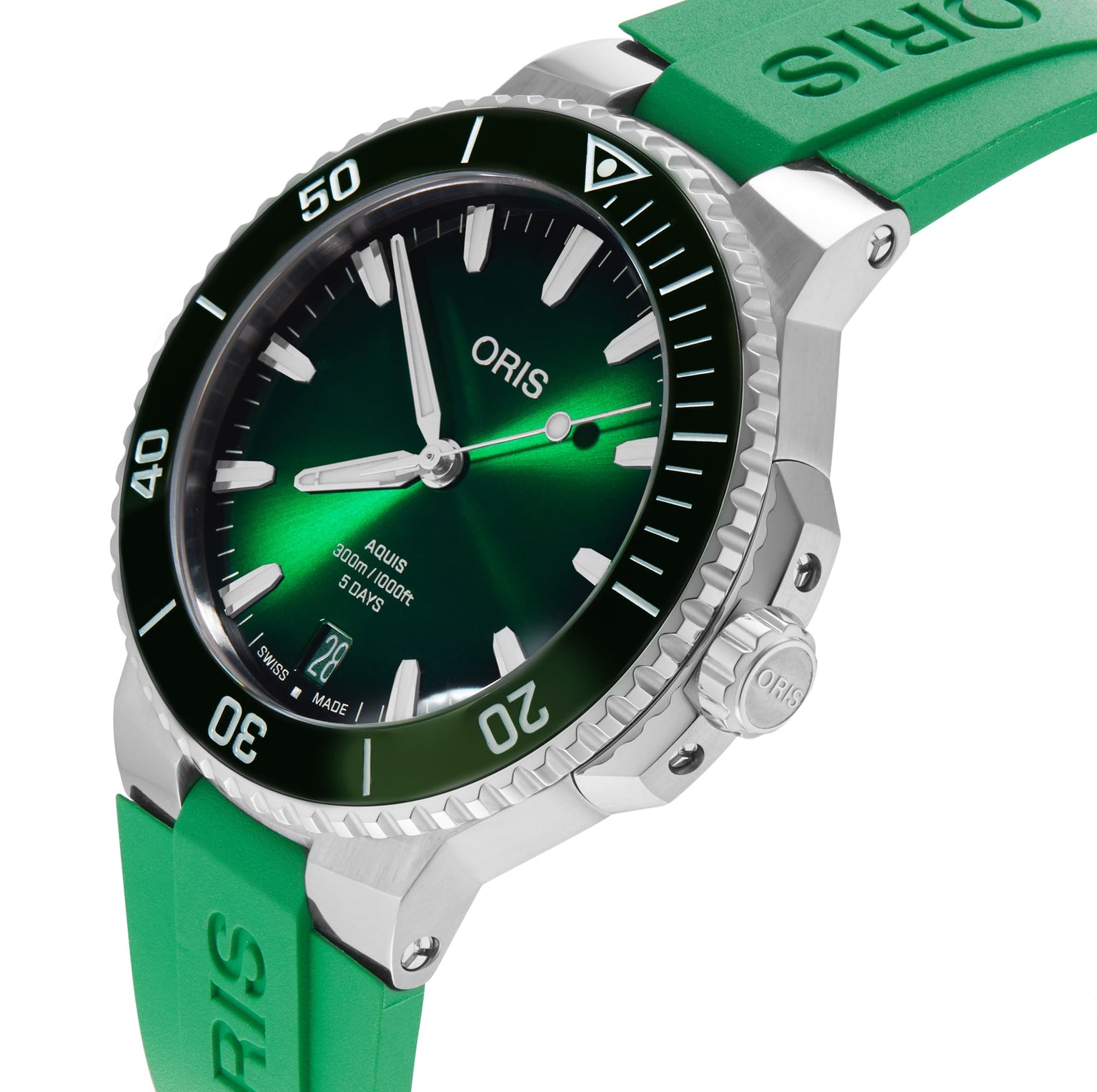 The Oris Aquis Date Calibre 400 is a green dive watch featuring a matching green rubber strap and a silver stainless steel case.