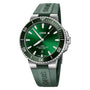 The Oris Aquis Date Calibre 400 is a green dive watch with a green rubber strap, silver bezel, date at 6 o’clock, and water resistance to 300 meters (1000 feet).