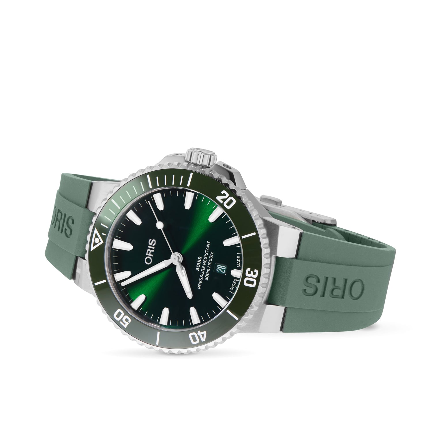 The Oris Aquis Date Calibre 400 is a green dive watch with a matching rubber strap, silver case, rotating bezel, and black dial with white markers and hands—a standout mechanical diving watch from Oris.