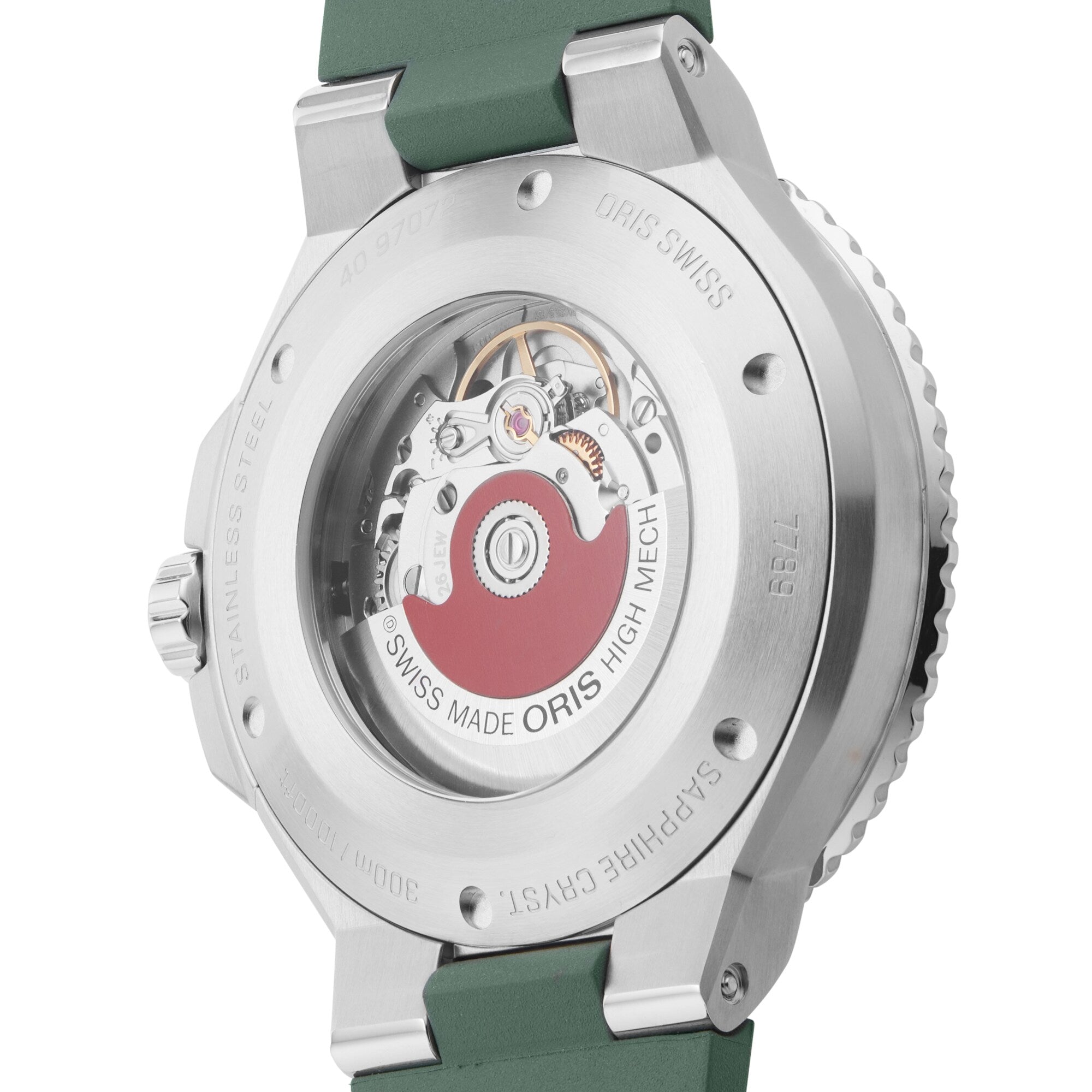 Close-up of the Oris Aquis Date Calibre 400, a mechanical divers watch featuring a green strap, exposed movement, and engraved stainless steel caseback.