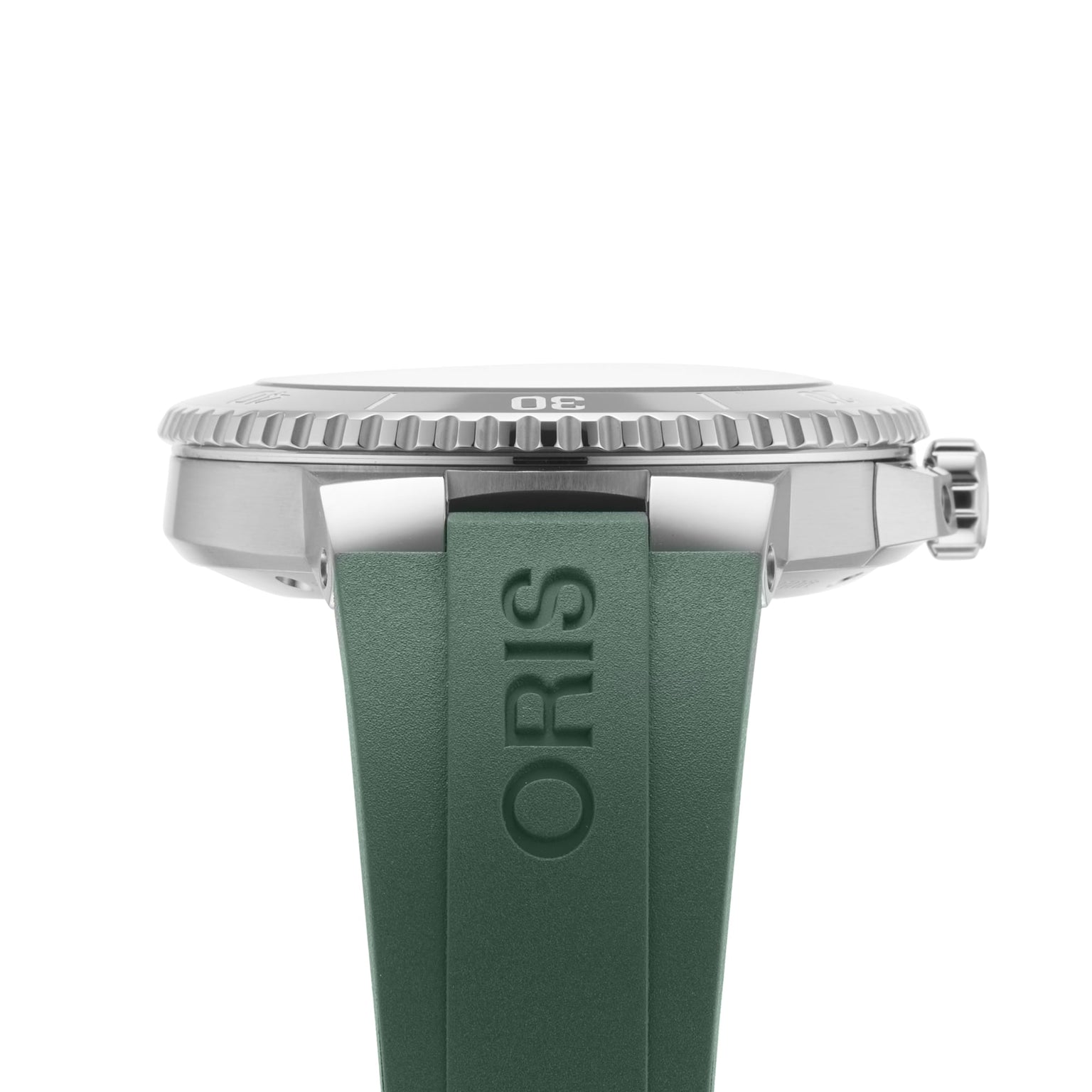 Side view of the Oris Aquis Date Calibre 400 wristwatch with a green strap, silver bezel with engraved numerals, from the acclaimed Oris collection of mechanical diving watches.