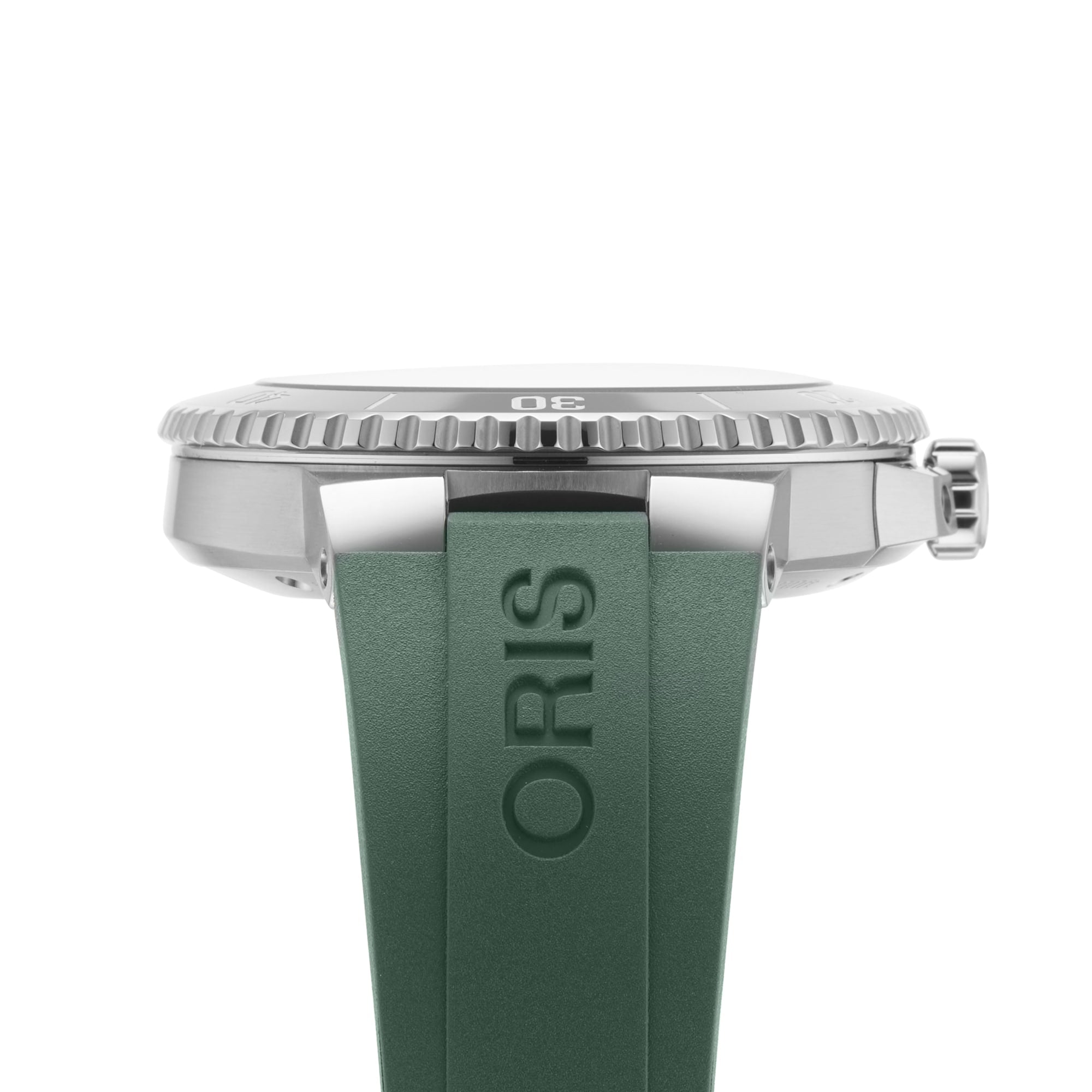 Side view of the Oris Aquis Date Calibre 400 wristwatch with a green strap, silver bezel with engraved numerals, from the acclaimed Oris collection of mechanical diving watches.