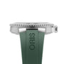 Side view of the Oris Aquis Date Calibre 400 wristwatch with a green strap, silver bezel with engraved numerals, from the acclaimed Oris collection of mechanical diving watches.