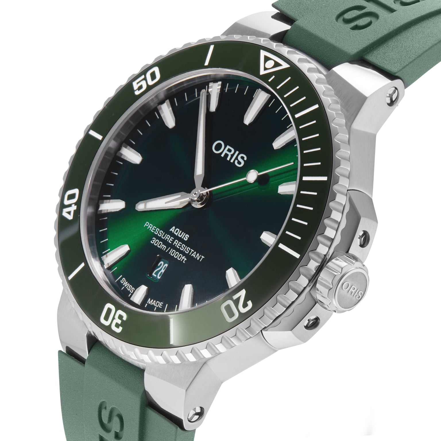 A close-up of the Oris Aquis Date Calibre 400 wristwatch, featuring a green dial, silver indices, and a green rubber strap, highlights Oris’s renowned mechanical diving watch with 300 meters of pressure resistance.