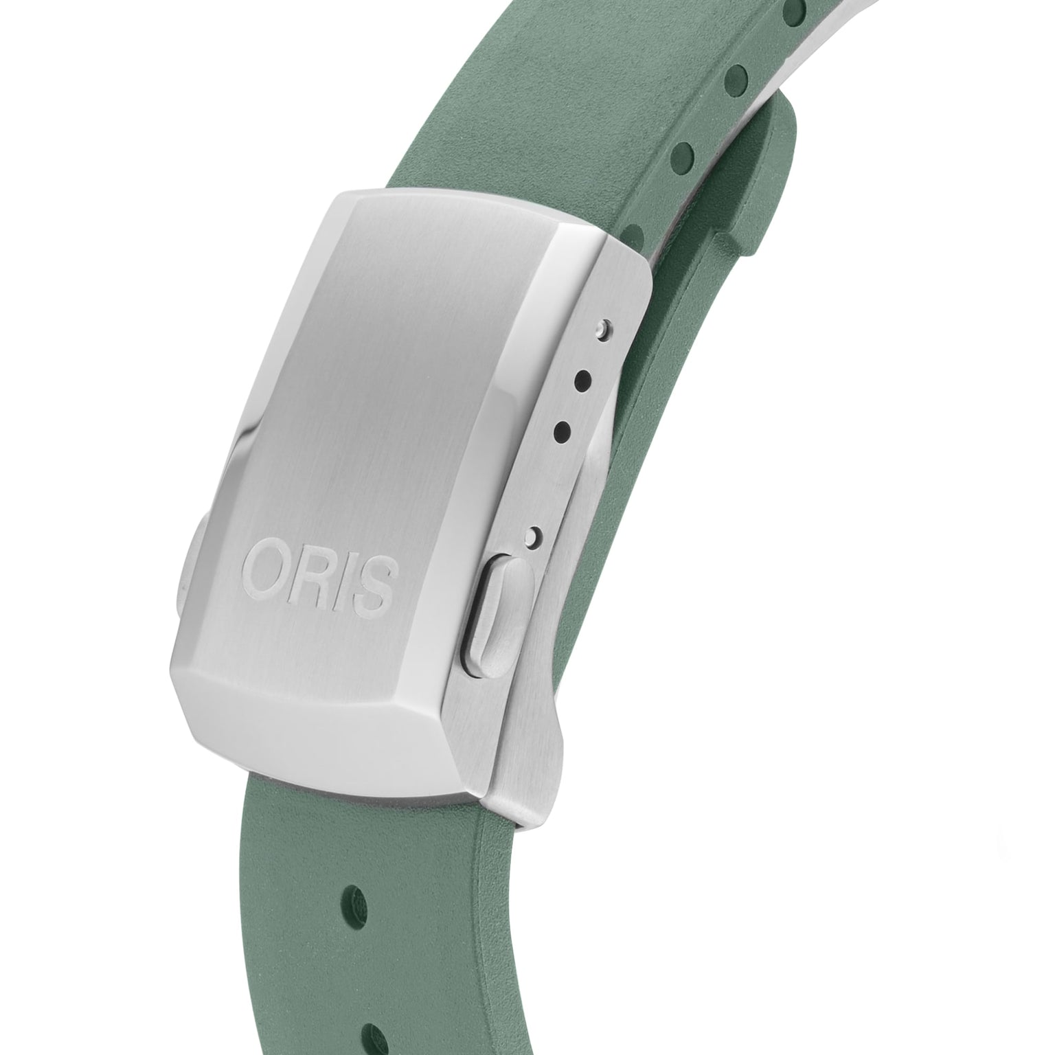 Close-up of a green strap for the Oris Aquis Date Calibre 400, with a stainless steel ORIS-branded clasp, adjustment holes, and side release buttons—an iconic feature of Oris’s mechanical diving watches.