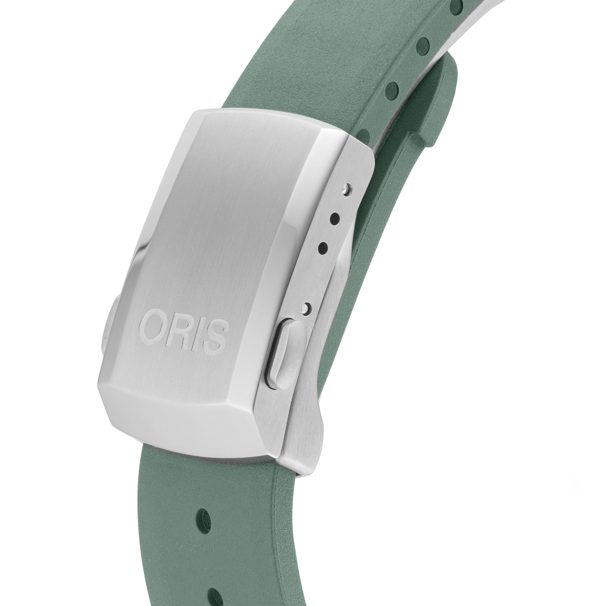 Close-up of a green strap for the Oris Aquis Date Calibre 400, with a stainless steel ORIS-branded clasp, adjustment holes, and side release buttons—an iconic feature of Oris’s mechanical diving watches.