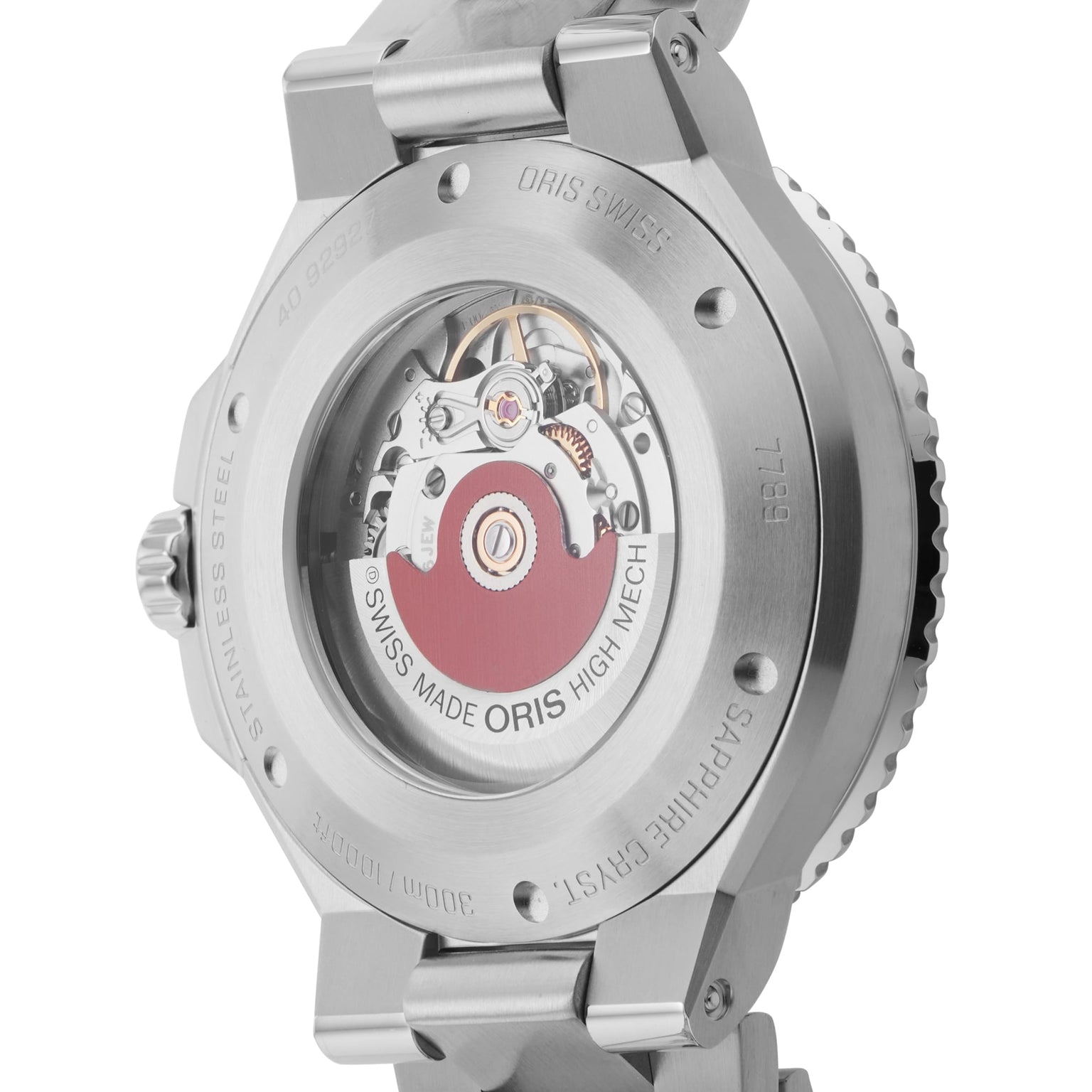 Close-up of the Oris Aquis Date’s transparent case back reveals its intricate mechanical movement and engraved details—a signature example of Oris craftsmanship in diving watches.