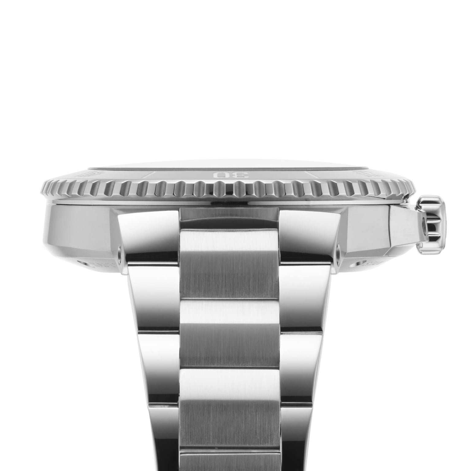 Side view of the Oris Aquis Date, showcasing its brushed metal bracelet, case, notched bezel edge, and crown—signature features of Oris’s acclaimed mechanical dive watches.