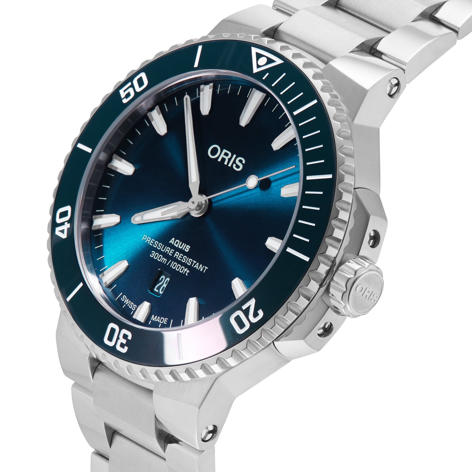 The Oris Aquis Date is a stainless steel wristwatch featuring a blue dial, silver markers, and rotating bezel, shown at 10:10—a stylish mechanical dive watch from Oris.