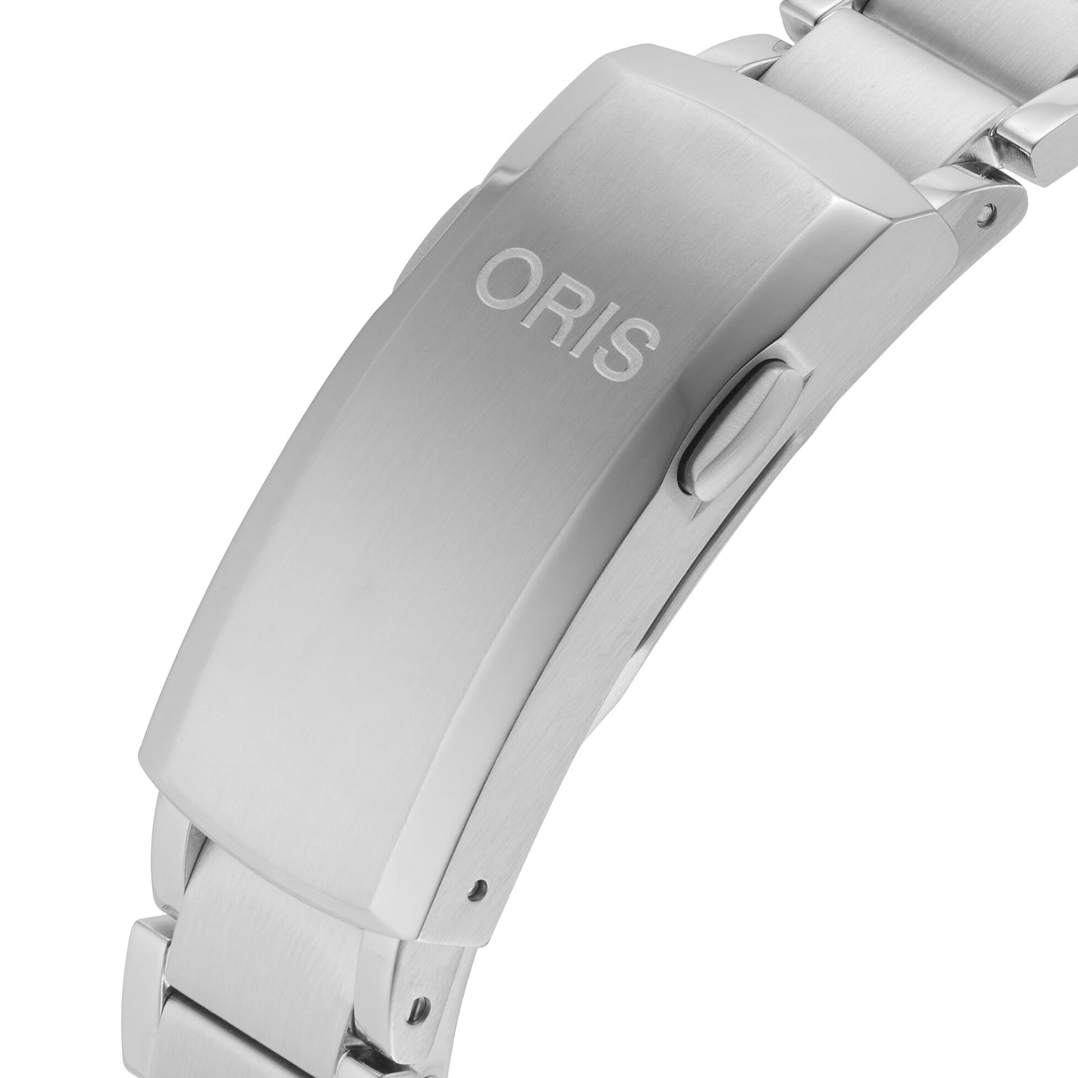 Close-up of a stainless steel clasp engraved with Oris, highlighting the craftsmanship behind the Oris Aquis Date mechanical diving watch.
