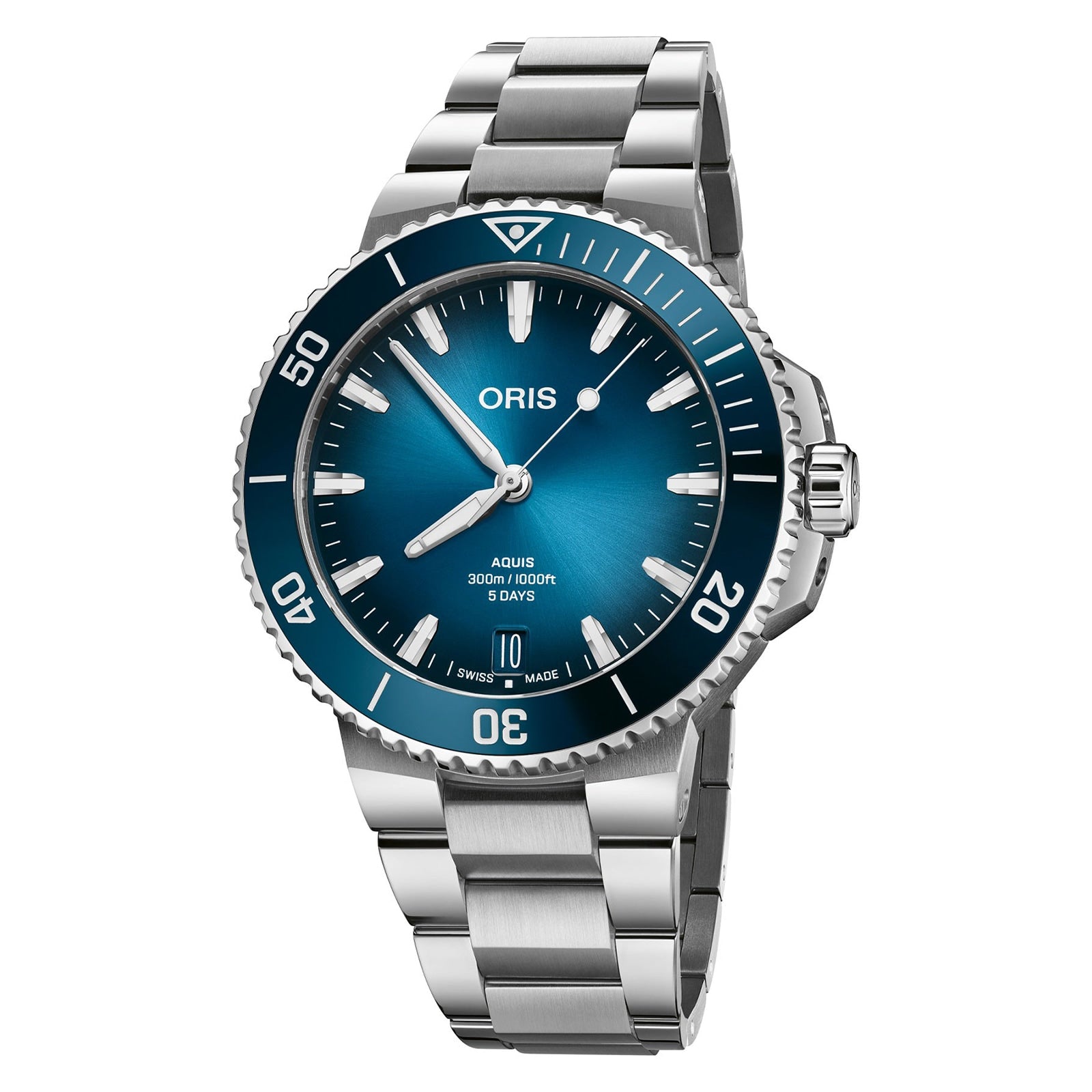 The Oris Aquis Date Calibre 400 features a blue gradient dial, silver hands and markers, a 6 o’clock date window, and unidirectional bezel—showcasing Oris’s signature mechanical dive watch design.