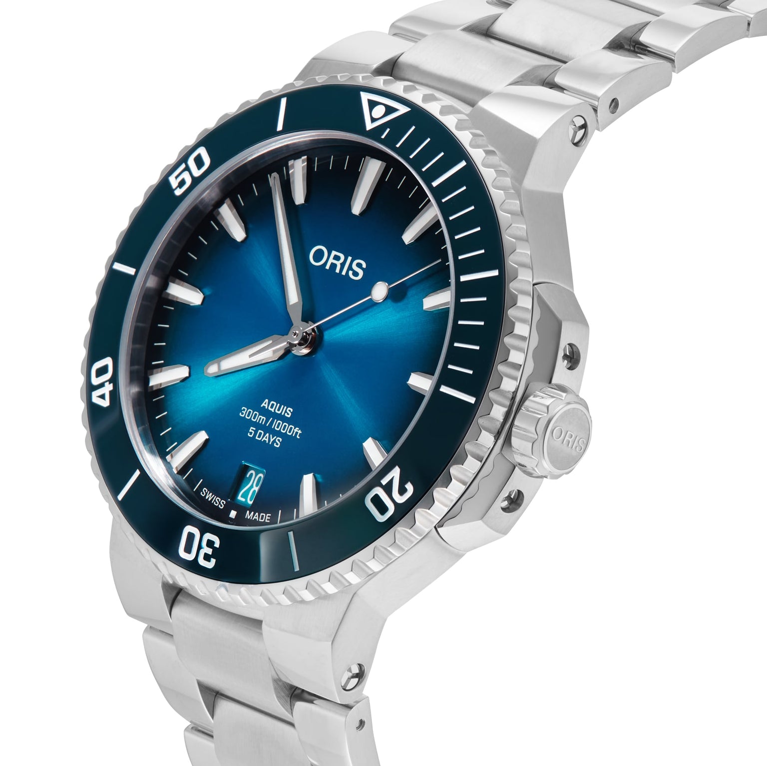The Oris Aquis Date Calibre 400 is a stainless steel wristwatch featuring a blue dial, rotating bezel, date display, and metal bracelet—an impressive mechanical diving watch from the Oris family.
