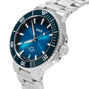 The Oris Aquis Date Calibre 400 is a stainless steel wristwatch featuring a blue dial, rotating bezel, date display, and metal bracelet—an impressive mechanical diving watch from the Oris family.