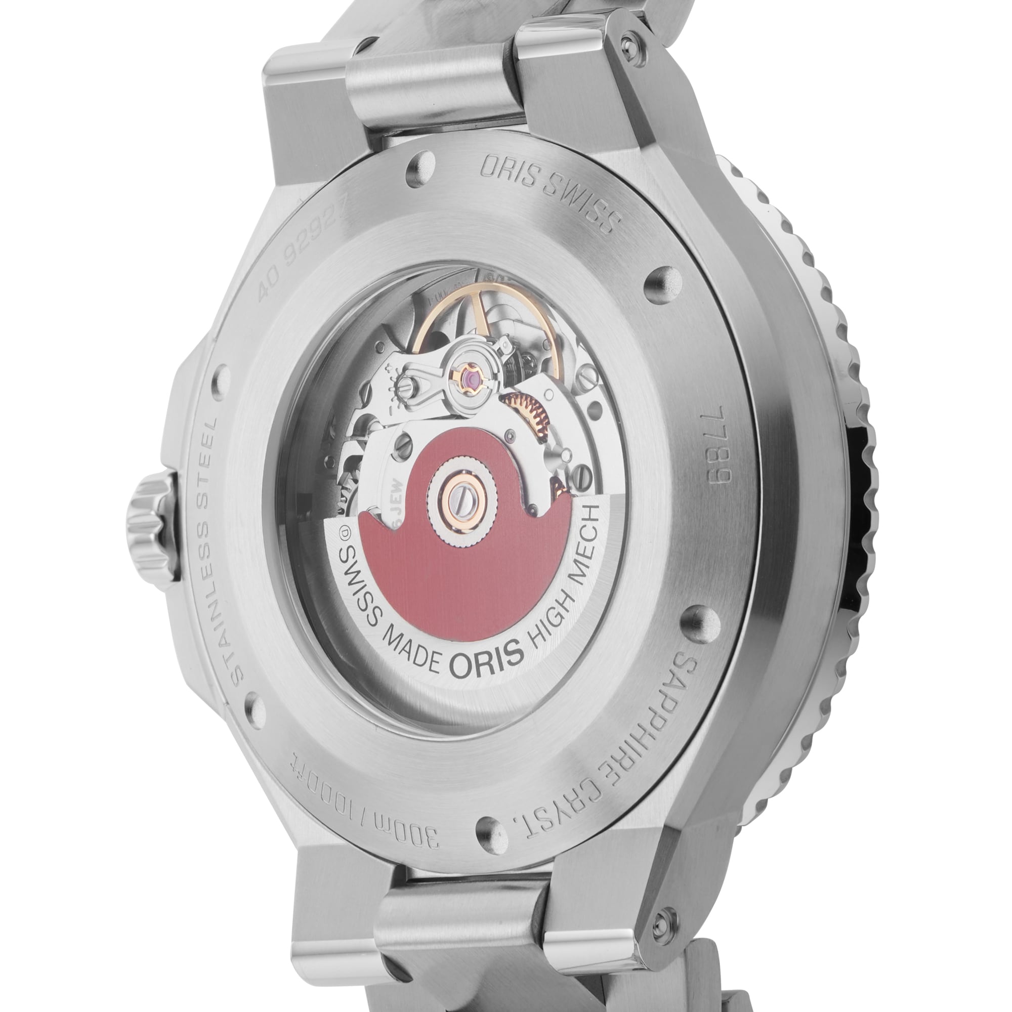 Close-up of the Oris Aquis Date Upcycle’s back, featuring a transparent case that showcases its automatic movement—highlighting Oris’s precision engineering in this standout diving watch.