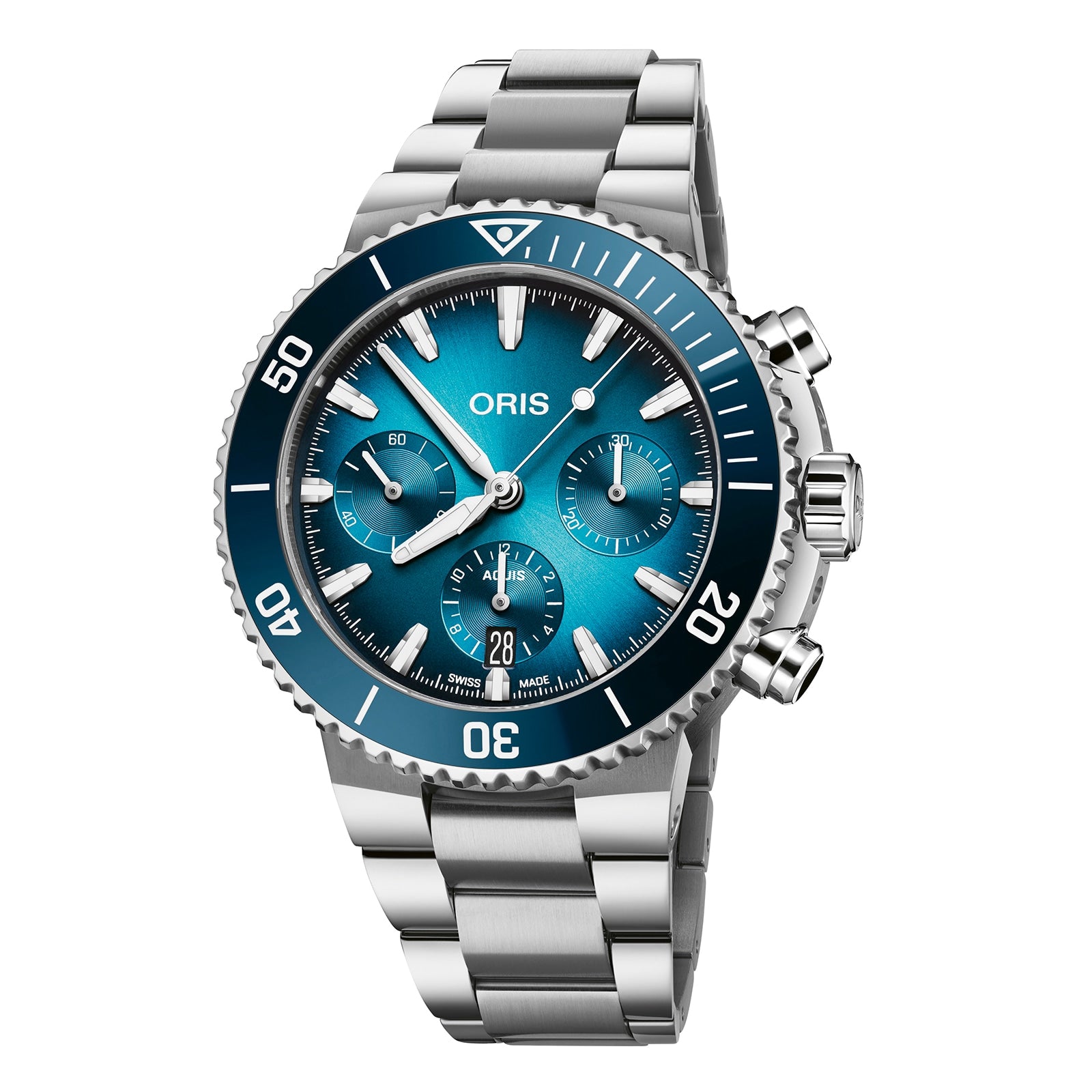 The Oris Aquis Chronograph features a stainless steel case, blue ceramic bezel, blue dial with three subdials, a date window at 6 o’clock, and silver hour markers, presented at a slight angle.