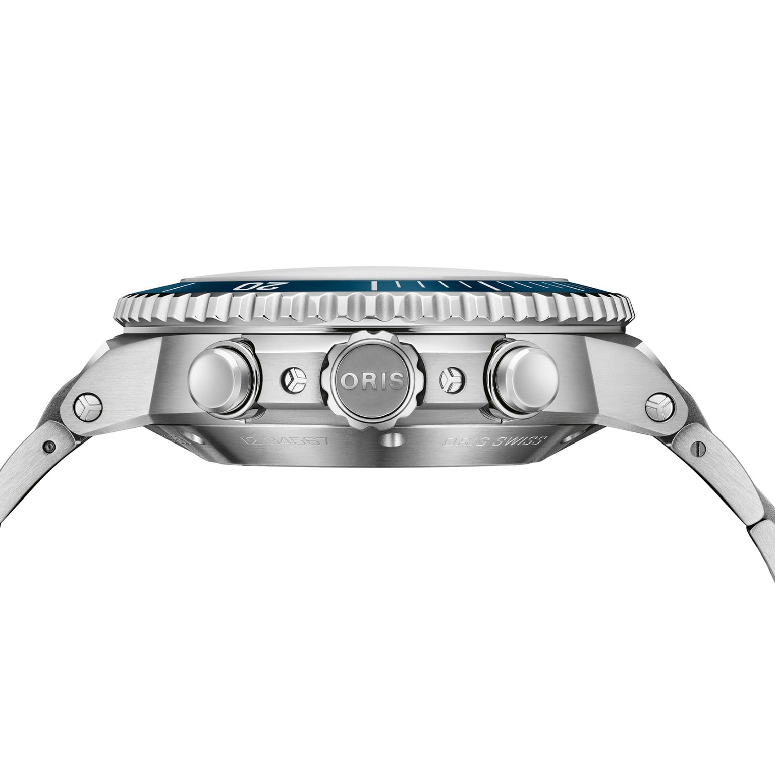 Side view of the Oris Aquis Chronograph, a wristwatch with a blue ceramic bezel, three pushers, notable water resistance, and the Oris brand engraved on its crown.