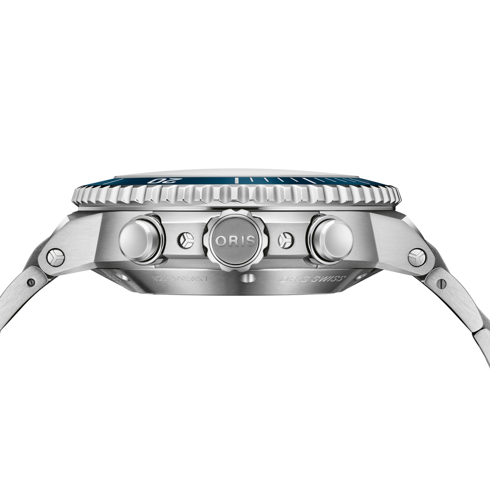 Side view of the Oris Aquis Chronograph, a wristwatch with a blue ceramic bezel, three pushers, notable water resistance, and the Oris brand engraved on its crown.