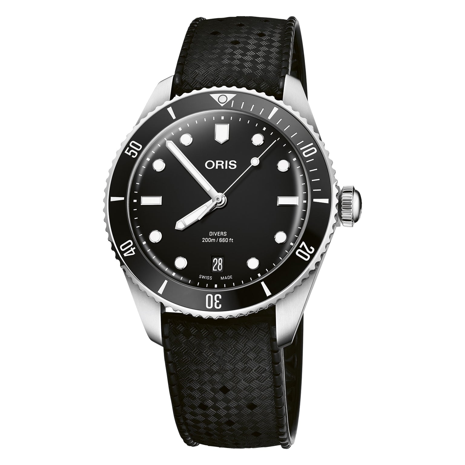The Oris Divers Date is a black dive watch featuring automatic movement, a black bezel, round markers, date display at 6 o’clock, and a textured black strap—a distinctive timepiece from Oris.