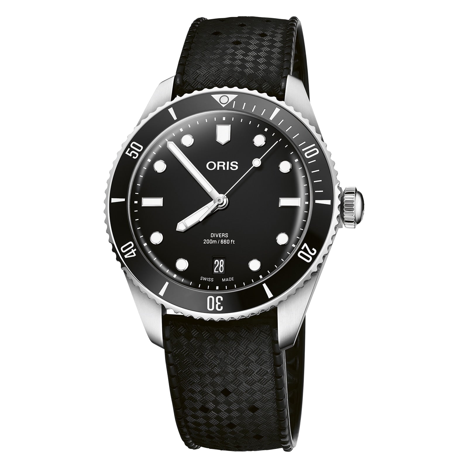 The Oris Divers Date is a black dive watch featuring automatic movement, a black bezel, round markers, date display at 6 o’clock, and a textured black strap—a distinctive timepiece from Oris.