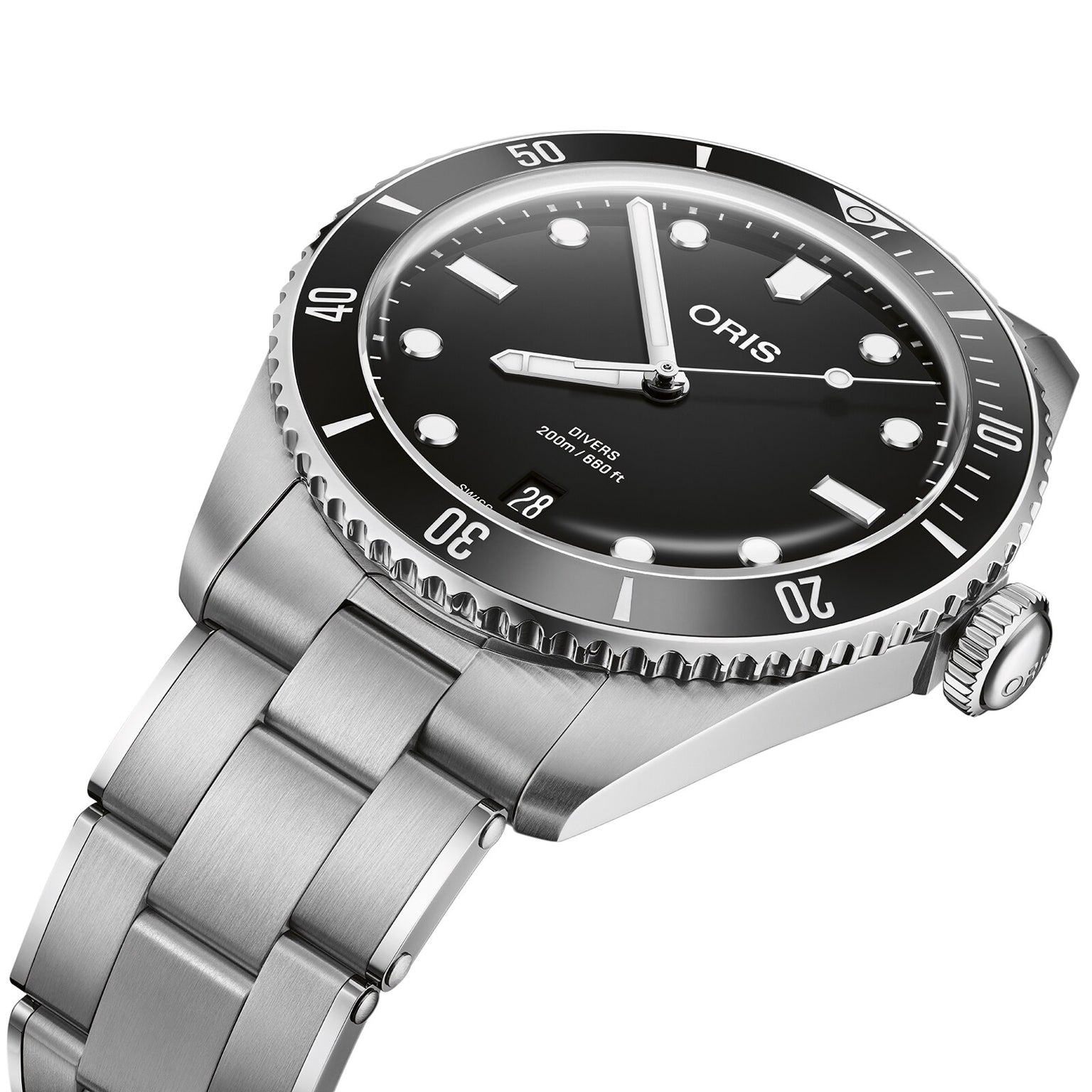 The Oris Divers Date is a stainless steel watch featuring a black dial, rotating bezel, luminous markers, automatic movement, and 200m water resistance.