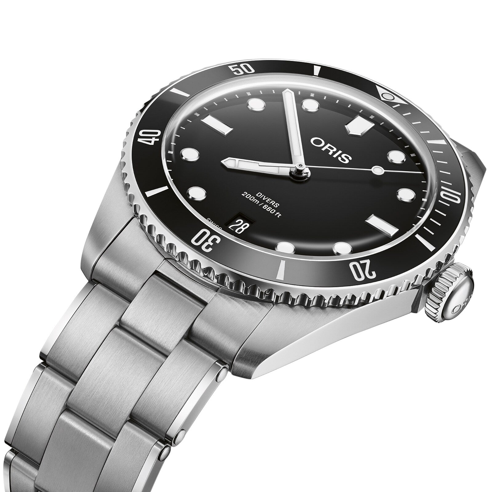 The Oris Divers Date is a stainless steel watch featuring a black dial, rotating bezel, luminous markers, automatic movement, and 200m water resistance.