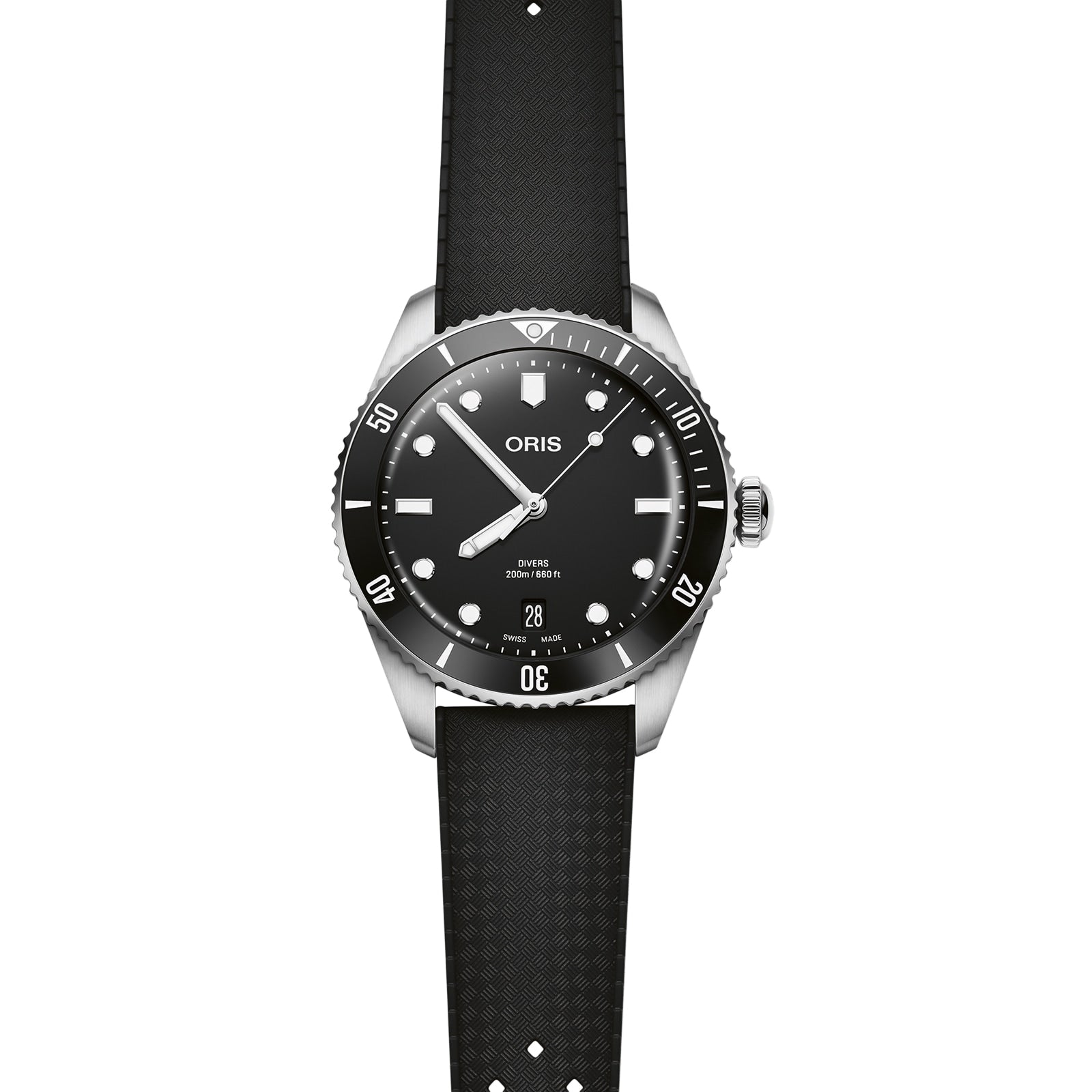 The Oris Divers Date is a black dive watch featuring a black dial with white markers, date at 6 oclock, rotating bezel, and black textured rubber strap—showcasing Oriss reliable automatic movement.