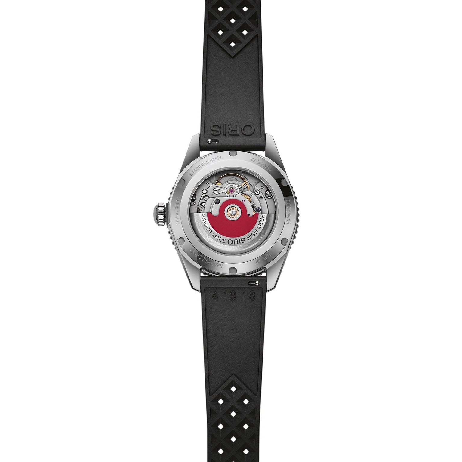 Back view of the Oris Divers Date watch highlighting its automatic movement, steel case, and black perforated rubber strap with ORIS branding.