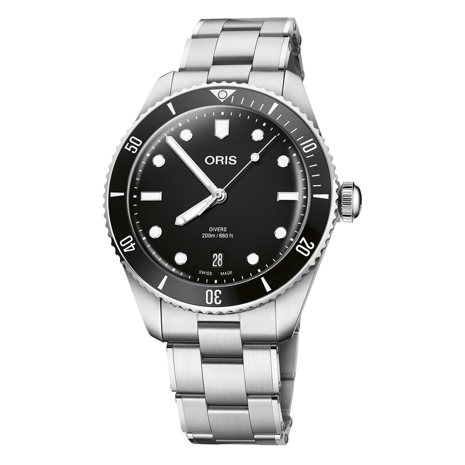 The Oris Divers Date is a stainless steel watch with a black dial, white hour markers, automatic movement, date at 6 oclock, and a metal bracelet.