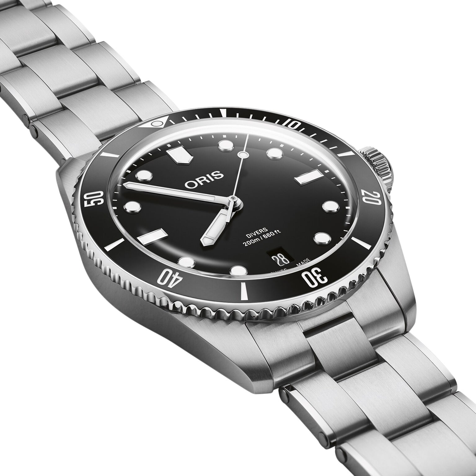 The Oris Divers Date wristwatch features automatic movement, a black dial with silver hour markers, and a rotating bezel, displaying the time at 10:09.