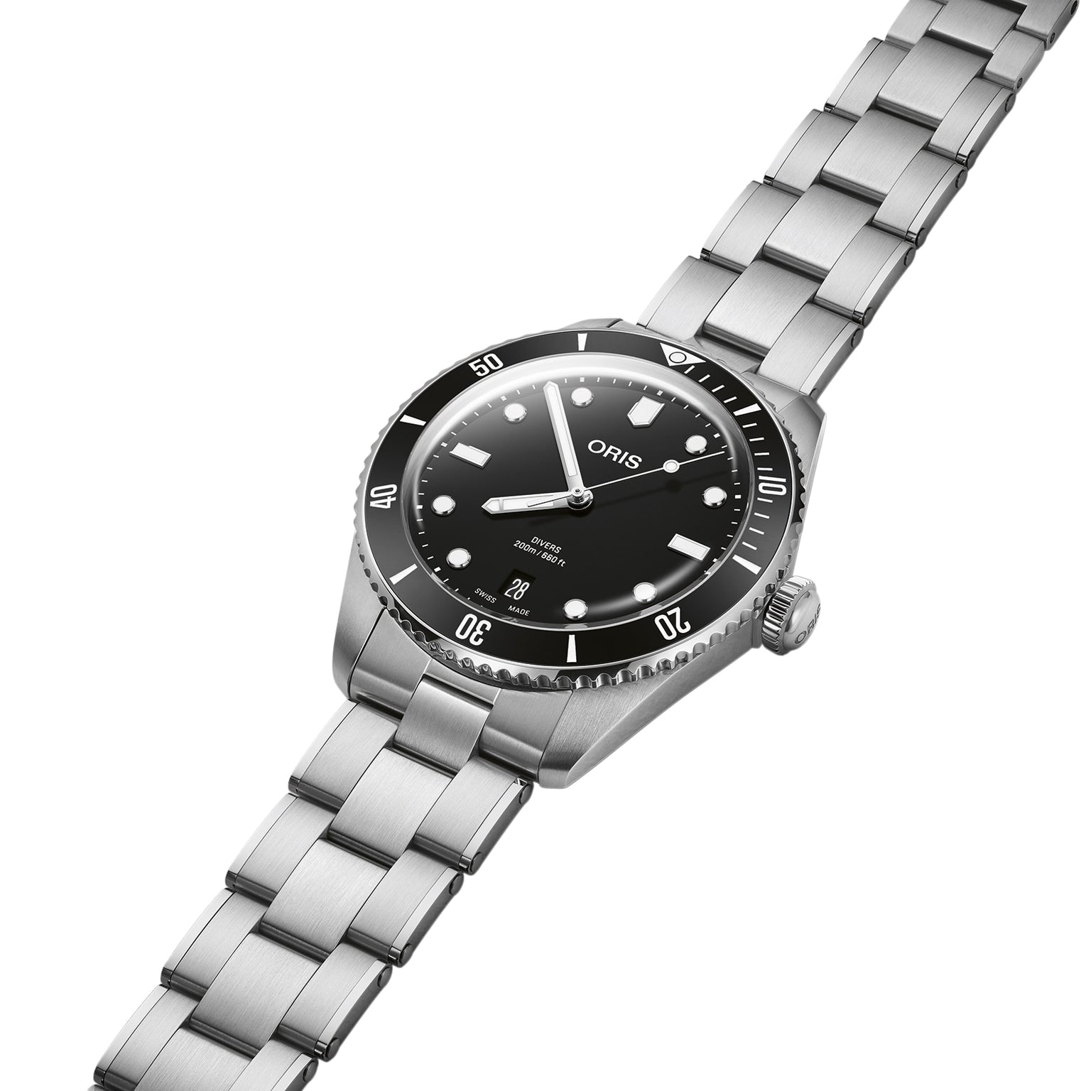 The Oris Divers Date watch, featuring a stainless steel case, black dial, luminous markers, date display at 6 o’clock, and rotating bezel, is shown at an angle on a white background to highlight its automatic movement.