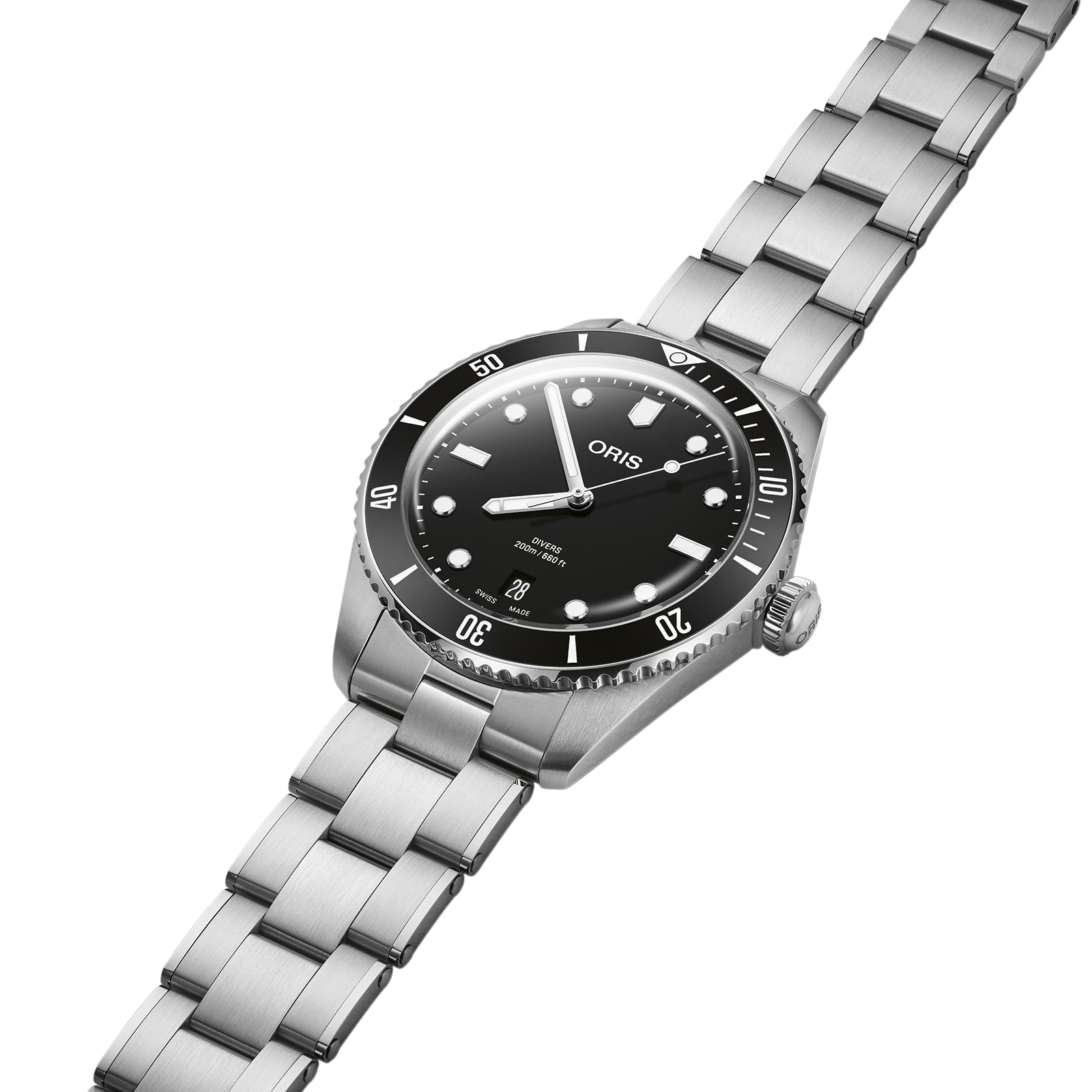 The Oris Divers Date watch, featuring a stainless steel case, black dial, luminous markers, date display at 6 o’clock, and rotating bezel, is shown at an angle on a white background to highlight its automatic movement.