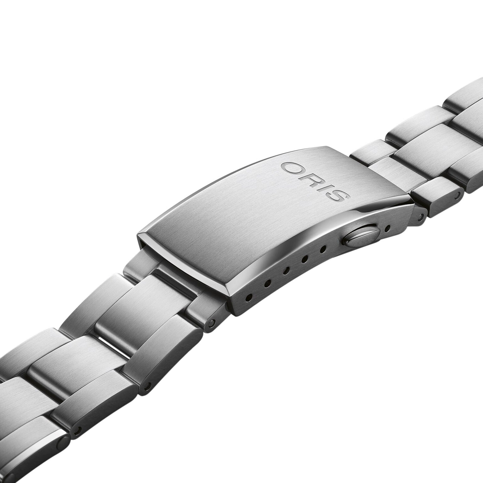 A close-up of the Oris Divers Date stainless steel bracelet shows its brushed clasp engraved with the Oris logo—a mark of quality appreciated by mechanical watch enthusiasts.