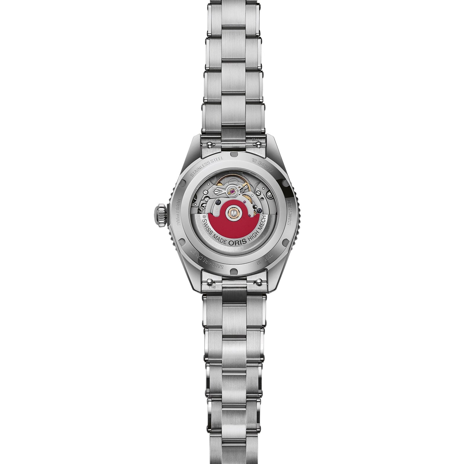 Back view of the Oris Divers Date watch with a stainless steel case, visible automatic movement with red rotor, and metal bracelet.