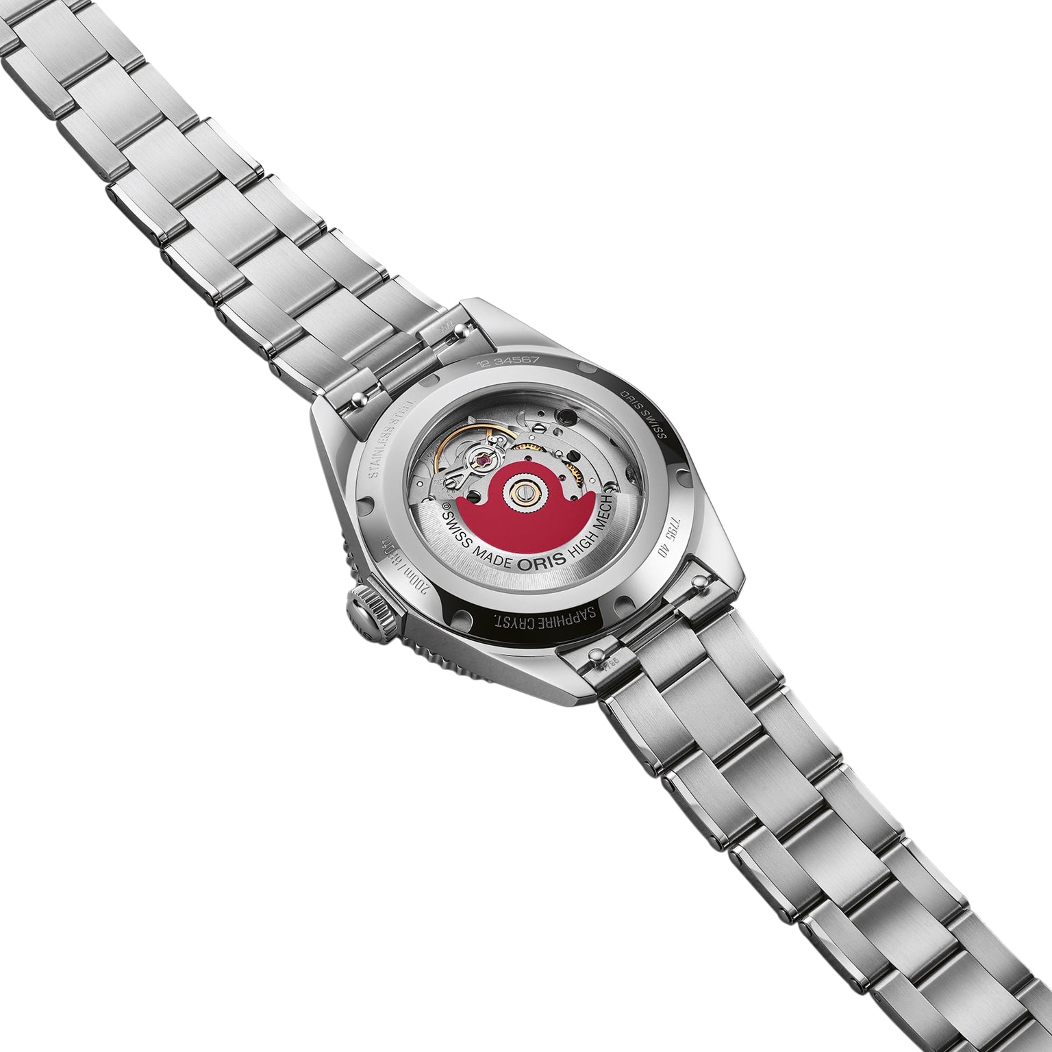 The Oris Divers Date wristwatch is shown from the back, revealing its mechanical movement through a transparent caseback.