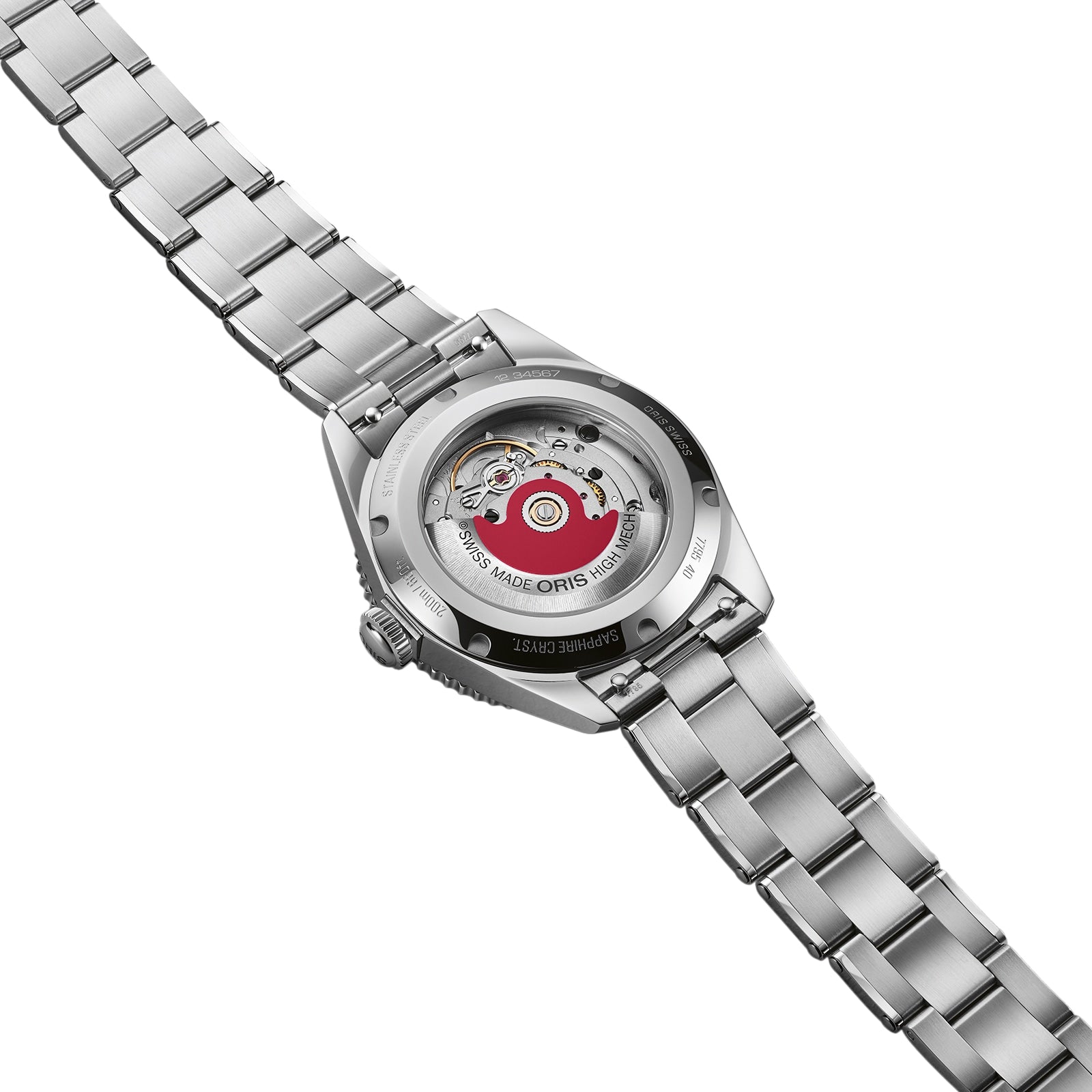 The Oris Divers Date wristwatch is shown from the back, revealing its mechanical movement through a transparent caseback.