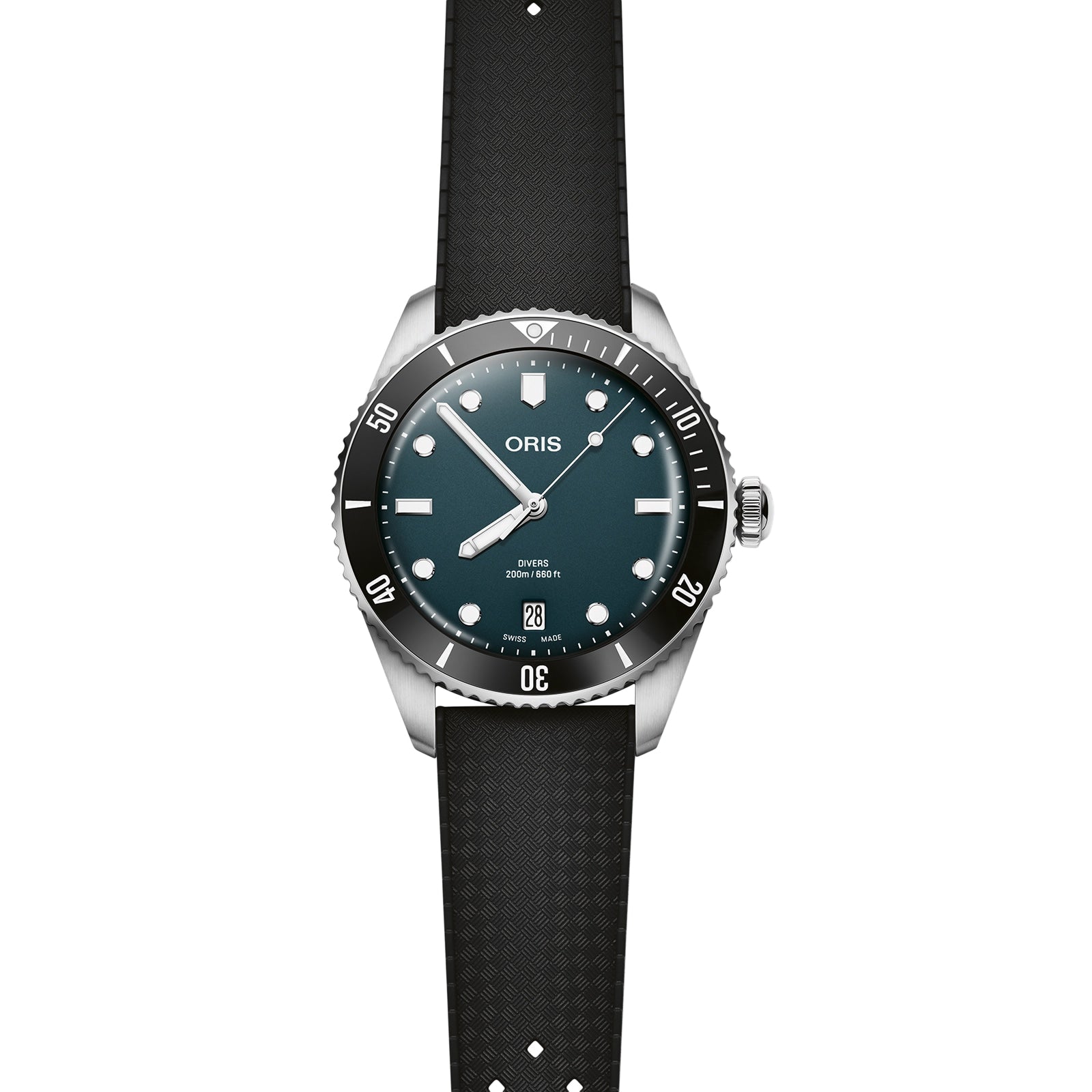 The Oris Divers Date is a stainless steel dive watch with automatic movement, a black bezel, dark green dial, date at 6 o’clock, and a black textured rubber strap.