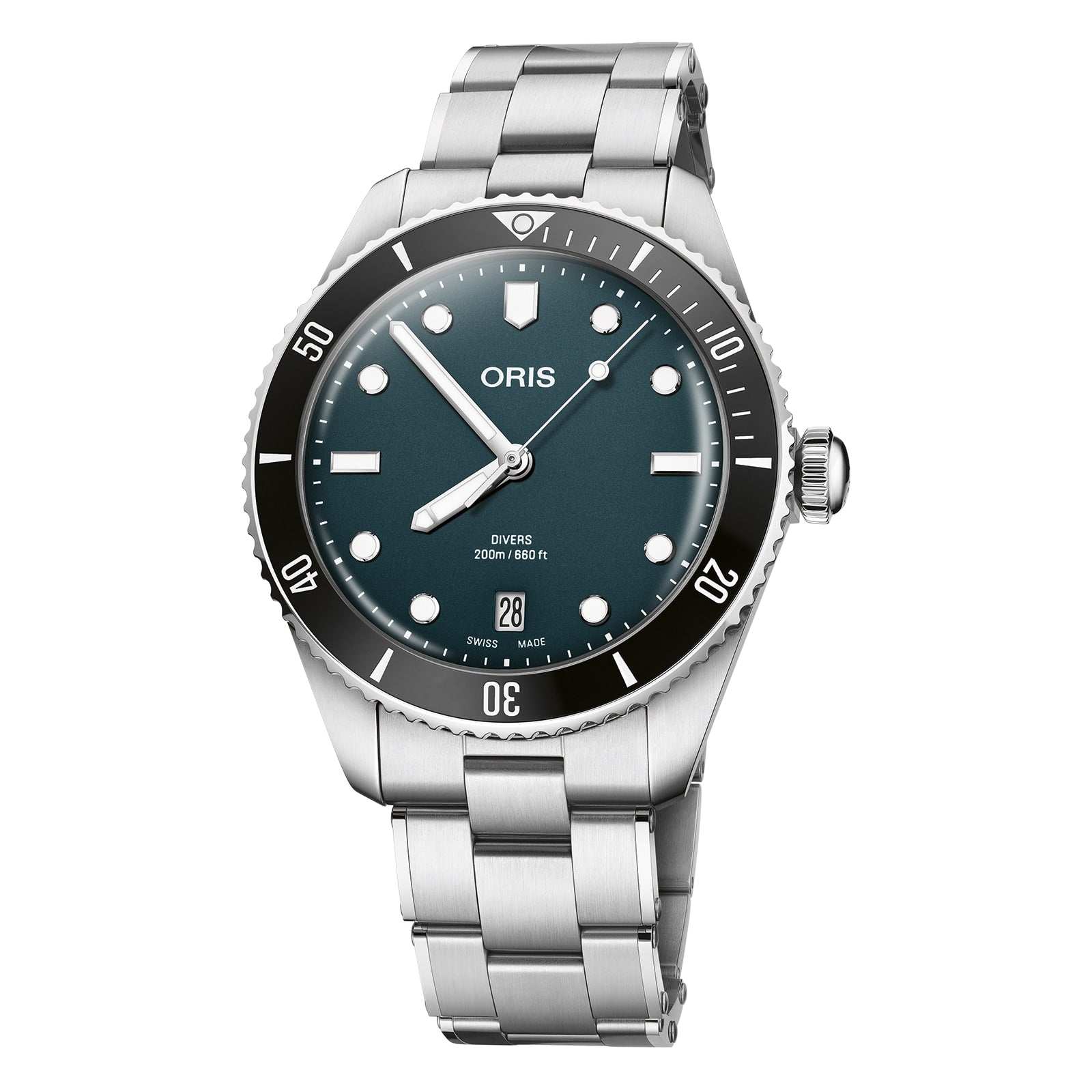 The Oris Divers Date is a stainless steel dive watch with a dark green dial, rotating bezel, luminous hour markers, automatic movement, date at 6 o’clock, and a metal link bracelet.