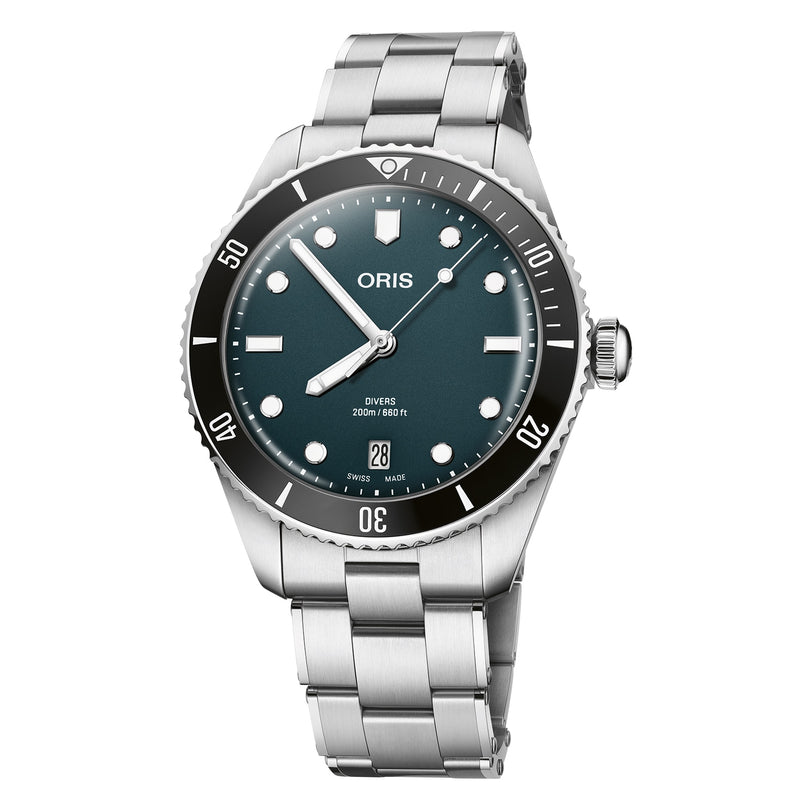 The Oris Divers Date is a stainless steel dive watch with a dark green dial, rotating bezel, luminous hour markers, automatic movement, date at 6 o’clock, and a metal link bracelet.