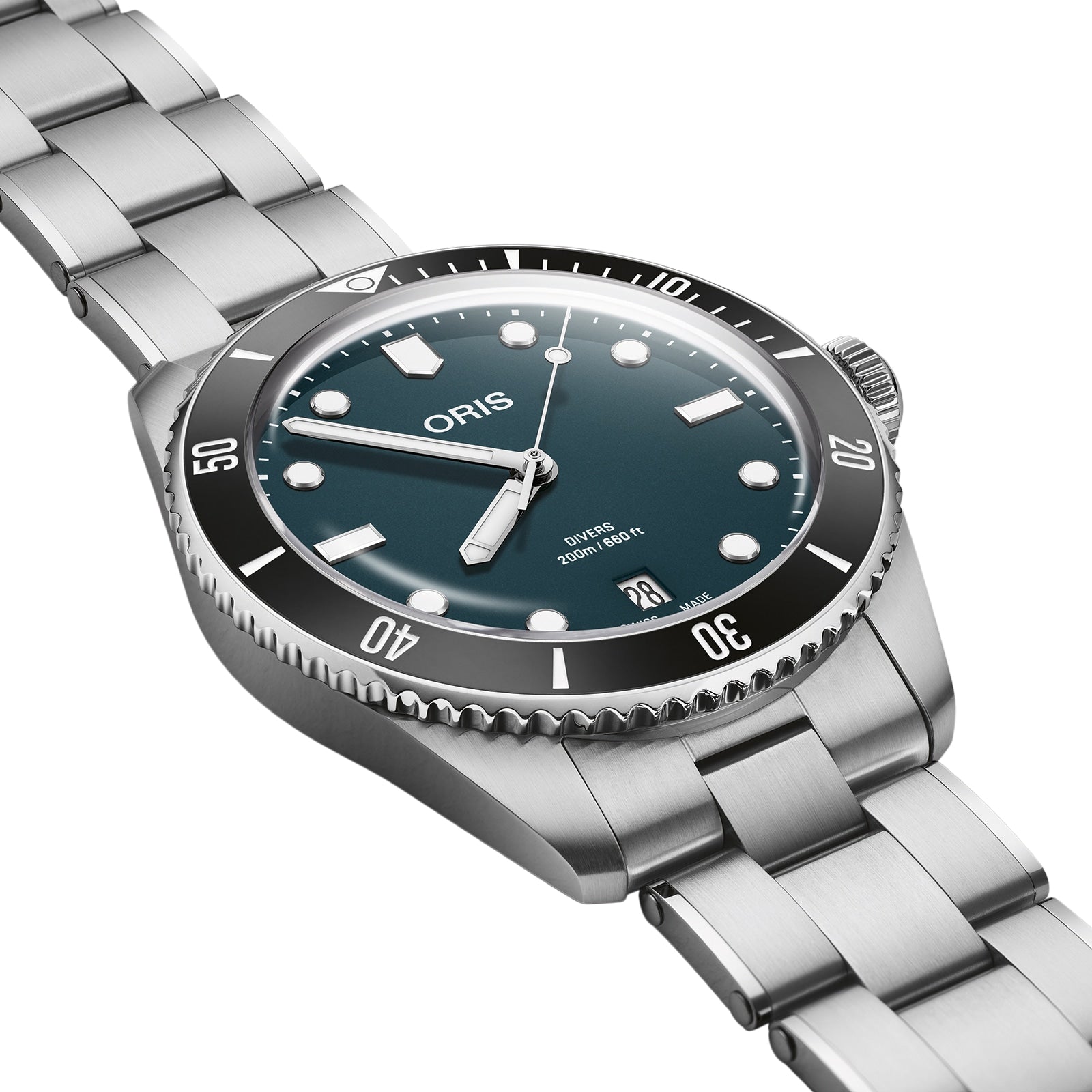 An Oris Divers Date watch with a green dial, rotating bezel, date window at 6 o’clock, automatic movement, and stainless steel bracelet is displayed at an angle.