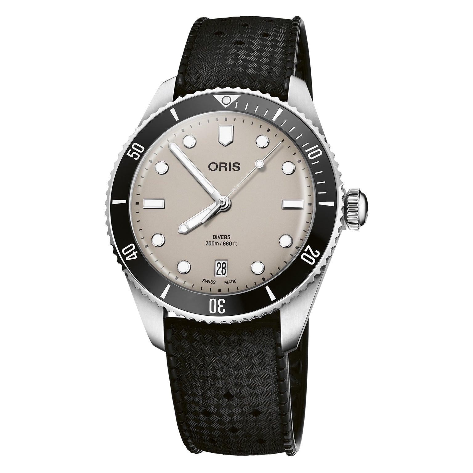 The Oris Divers Date wristwatch features a beige dial, black bezel, black textured strap, and date display at 6 o’clock. It has automatic movement and is water-resistant to 200 meters (660 feet).