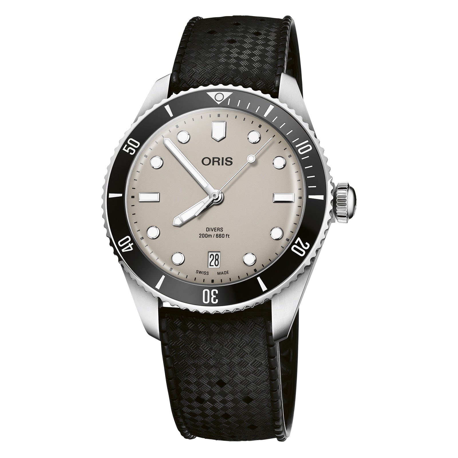 The Oris Divers Date wristwatch features a beige dial, black bezel, black textured strap, and date display at 6 o’clock. It has automatic movement and is water-resistant to 200 meters (660 feet).