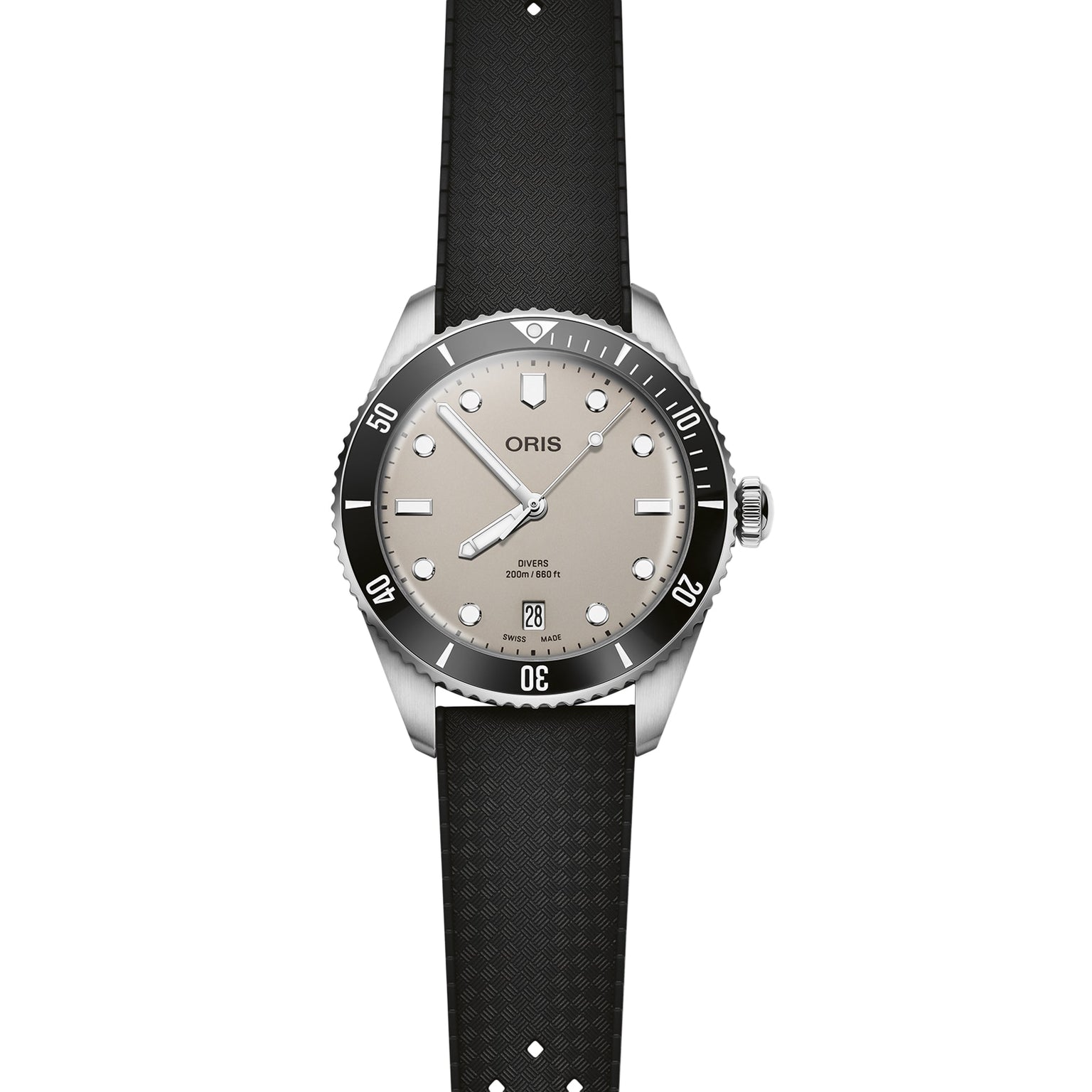 The Oris Divers Date wristwatch features automatic movement, a beige dial, black bezel, white markers, date window at 6 o’clock, and a textured black rubber strap, all in stainless steel and shown on a white background.